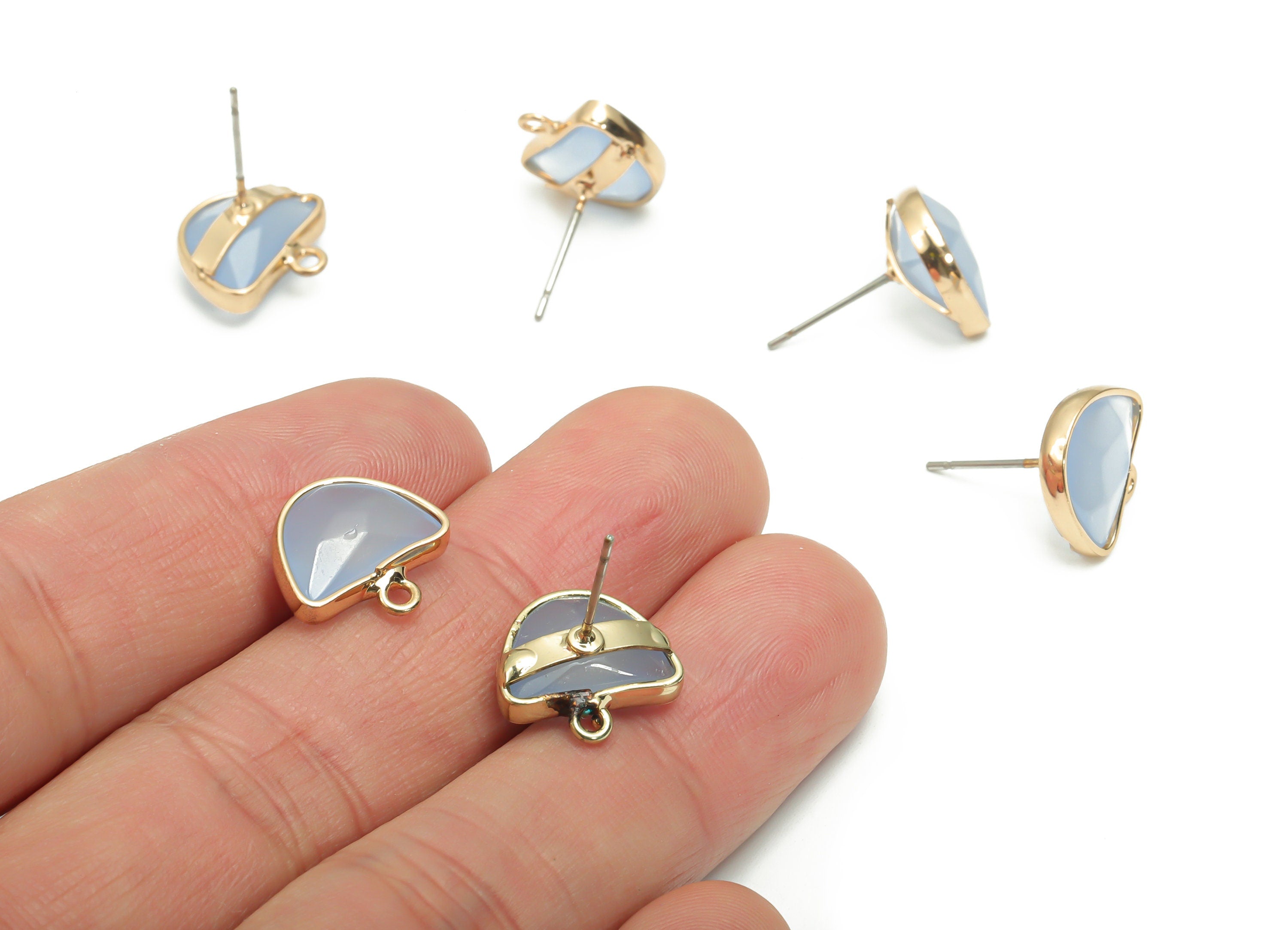 Blue Jade Earring Stud With Loop - Brass Domed Post - Gold Tone Plated Brass – Stainless Steel Stud - 13.3x12.5x5.9mm – NS1600B - DOMEDBAZAAR