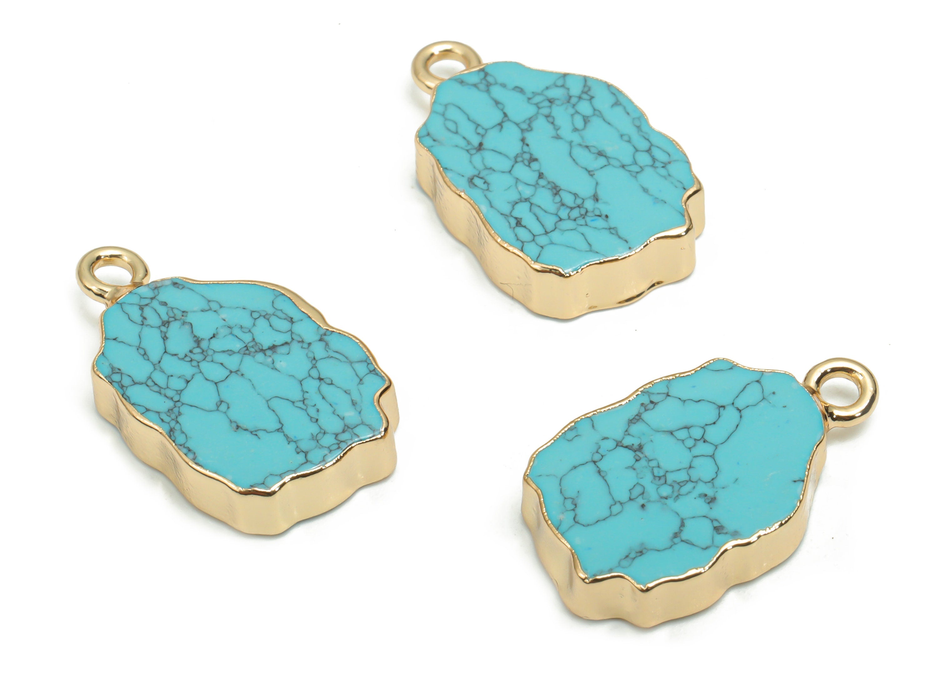 Blue Turquoise Irregular Earring Charms - Brass Irregular Pendant - Natural Stone - Gold Tone Plated Brass – 19.85x12.45x3.16mm – NS1614B - DOMEDBAZAAR