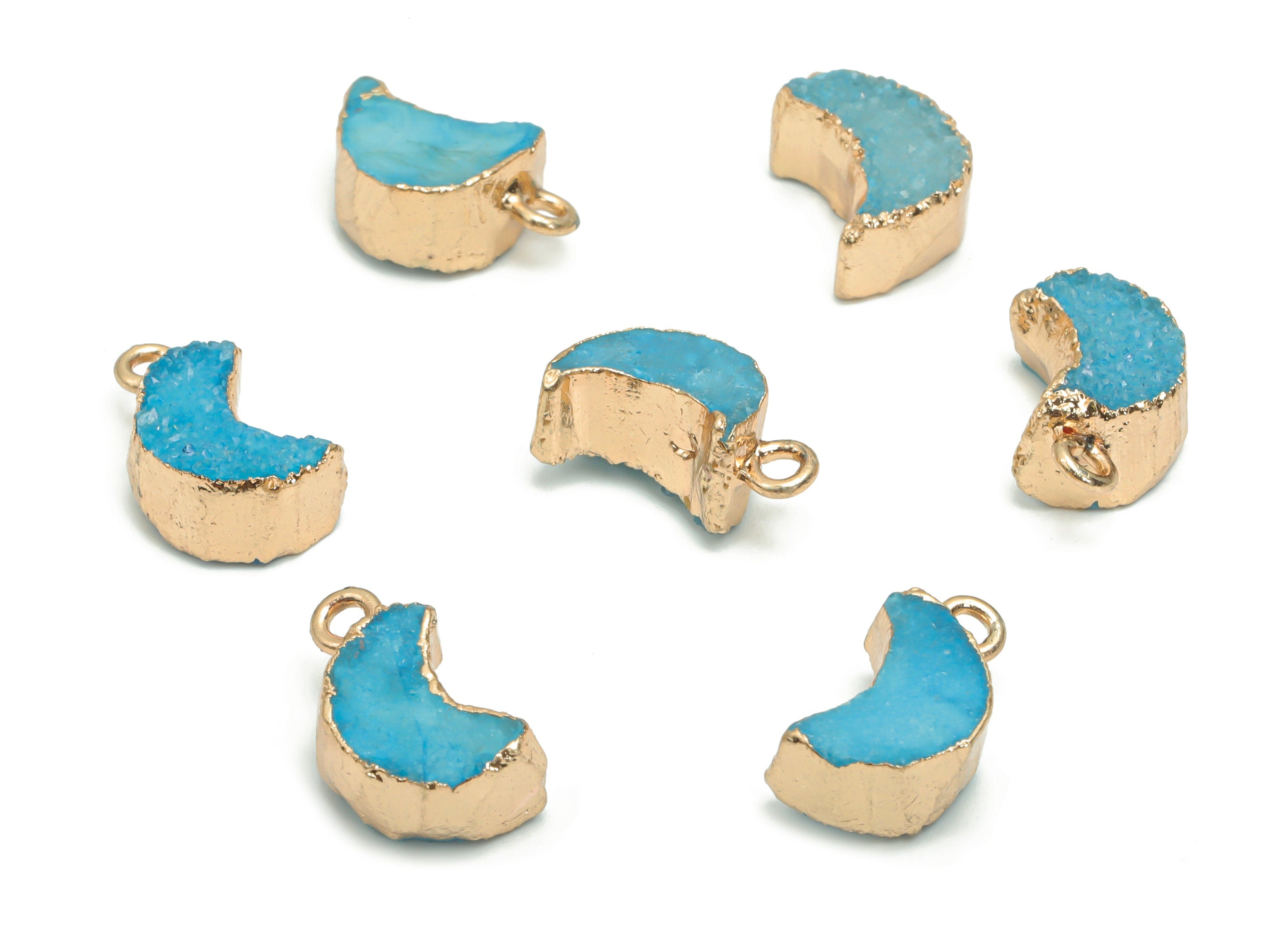 Druzy Dyed Quartz Crystal Crescent Earring Charms - Brass Moon Pendant - Natural Stone - Gold Tone Plated Brass – 16.42x9.68x6.35mm – NS1620 - DOMEDBAZAAR
