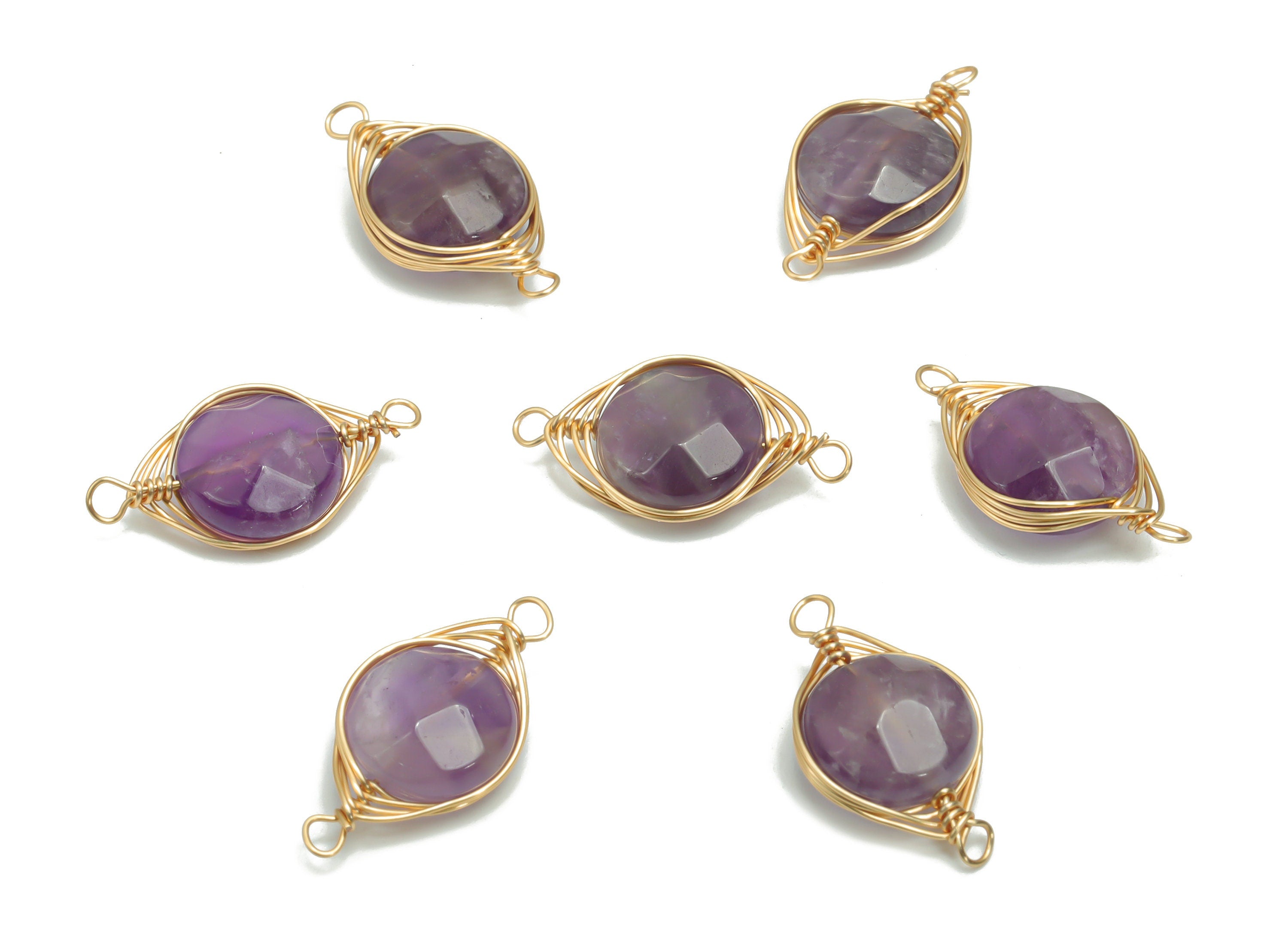 Purple Amethyst Round Faceted Earring Connector - Brass Circle Pendant - Wire Wrapped - Gold Tone Plated Brass – 20.78x11.06x5.28mm – NS1606 - DOMEDBAZAAR