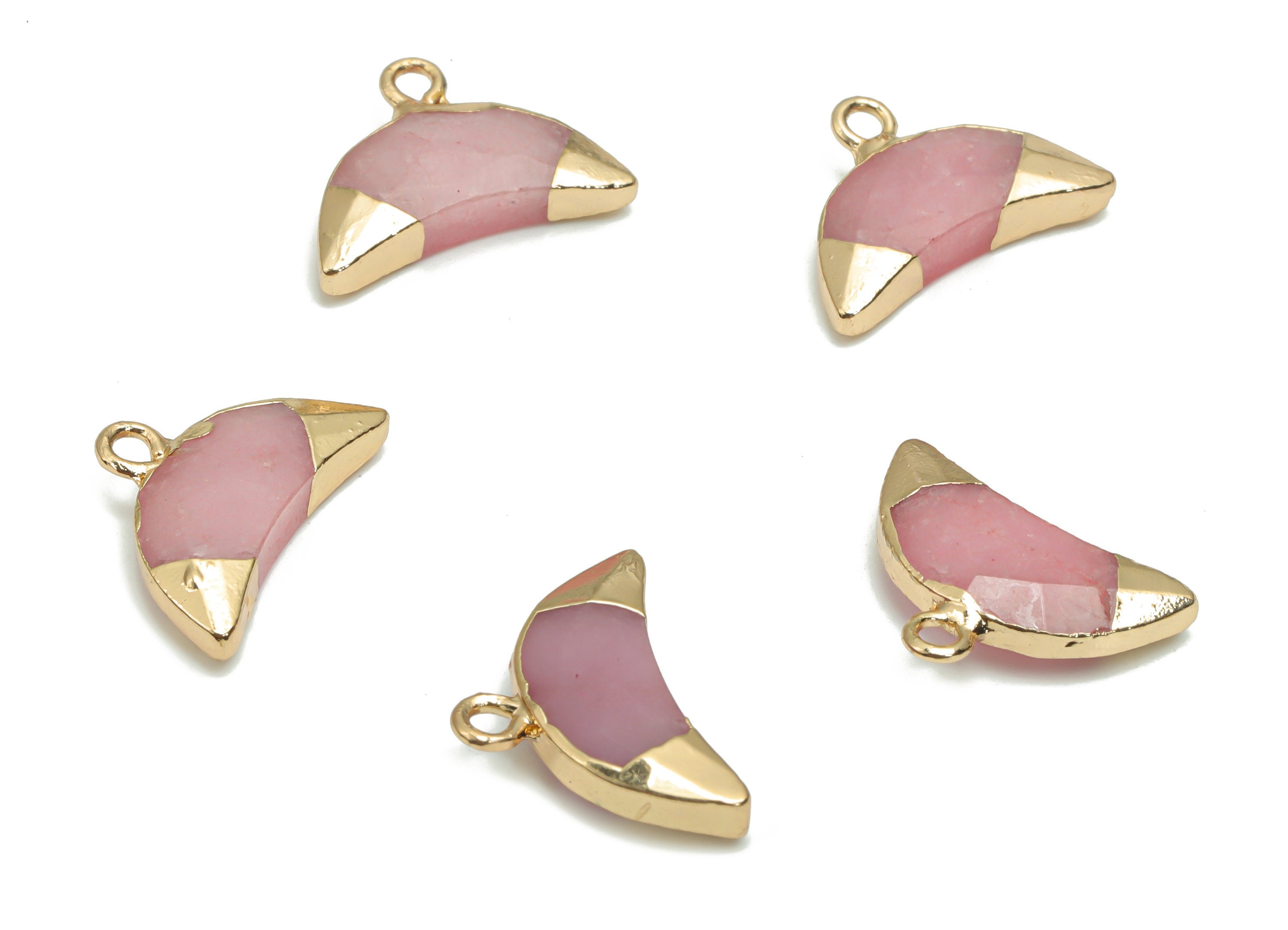 Rose Quartz Gemstone Pink Crescent Horn Charms - Brass Moon Pendant - Natural Stone - Gold Tone Plated Brass – 18.32x13.43x4.74mm– NS1617A - DOMEDBAZAAR