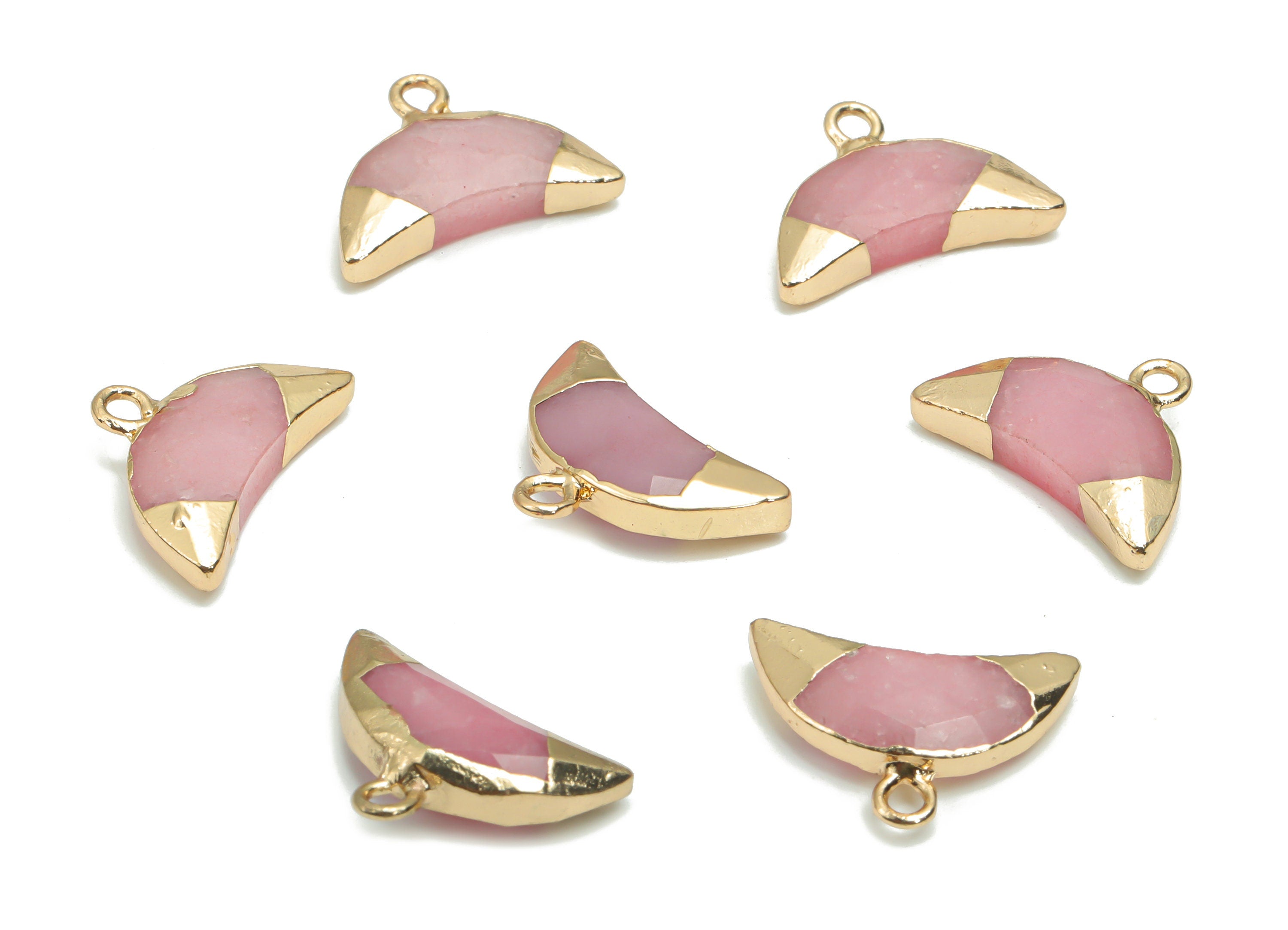 Rose Quartz Gemstone Pink Crescent Horn Charms - Brass Moon Pendant - Natural Stone - Gold Tone Plated Brass – 18.32x13.43x4.74mm– NS1617A - DOMEDBAZAAR