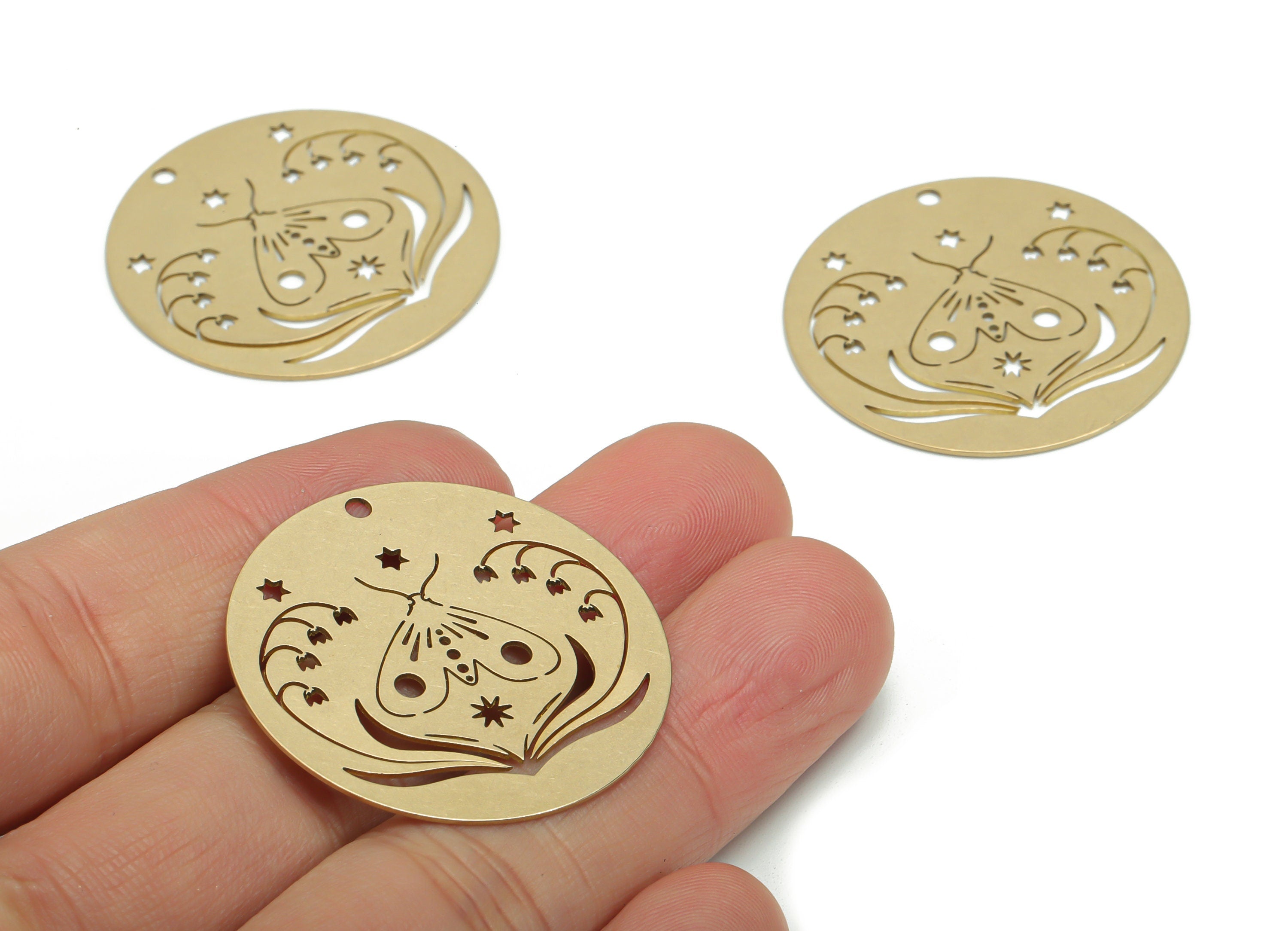 Brass Round Planet Moth Earring Charms - Raw Brass Flower Star Circle Pendant - Jewelry Making Supplies - 34.86x34.86x0.57mm - PPA0204 - DOMEDBAZAAR