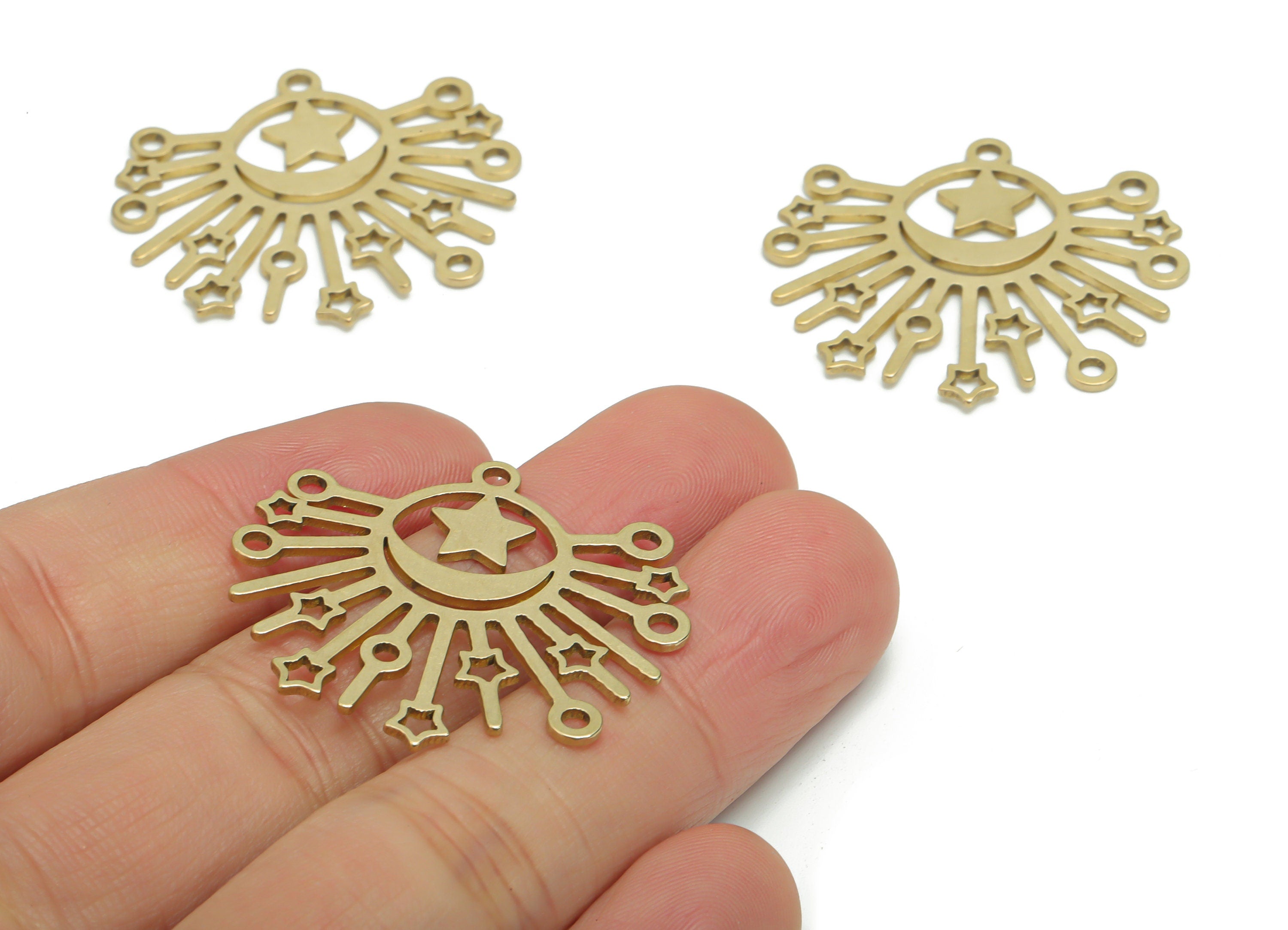 Brass Sun Planet Crescent Earring Connectors - Raw Brass Star Moon Charms and Pendant - Jewelry Making Supplies - 34.48x31.95x0.9mm- PPZ0017 - DOMEDBAZAAR