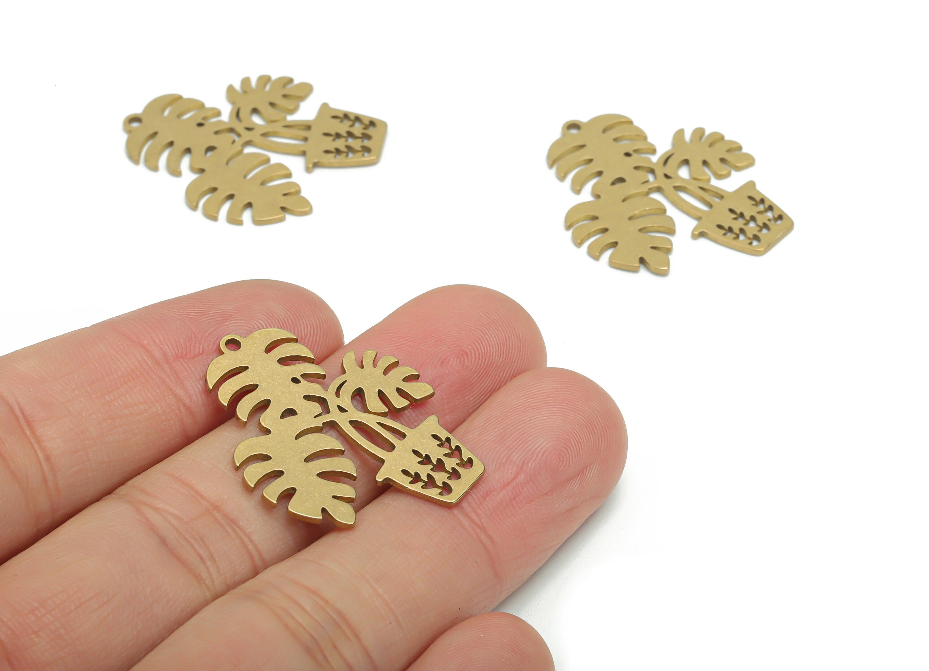 Brass Potted Monstera Earring Charms - Raw Brass Potted Grass Domed Pendant - Jewelry Making Supplies - 31.06x24.97x0.88mm - PPA0306 - DOMEDBAZAAR