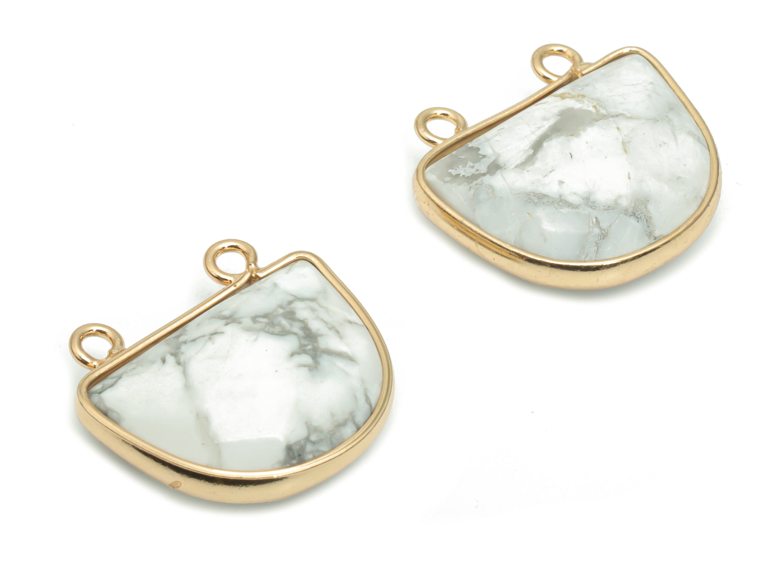 Howlite Domed Faceted Stone Earring Connectors - Brass Semicircle Charms and Pendant - Gold Tone Plated Brass – 17.62x16.62x6.36mm – NS1607A - DOMEDBAZAAR