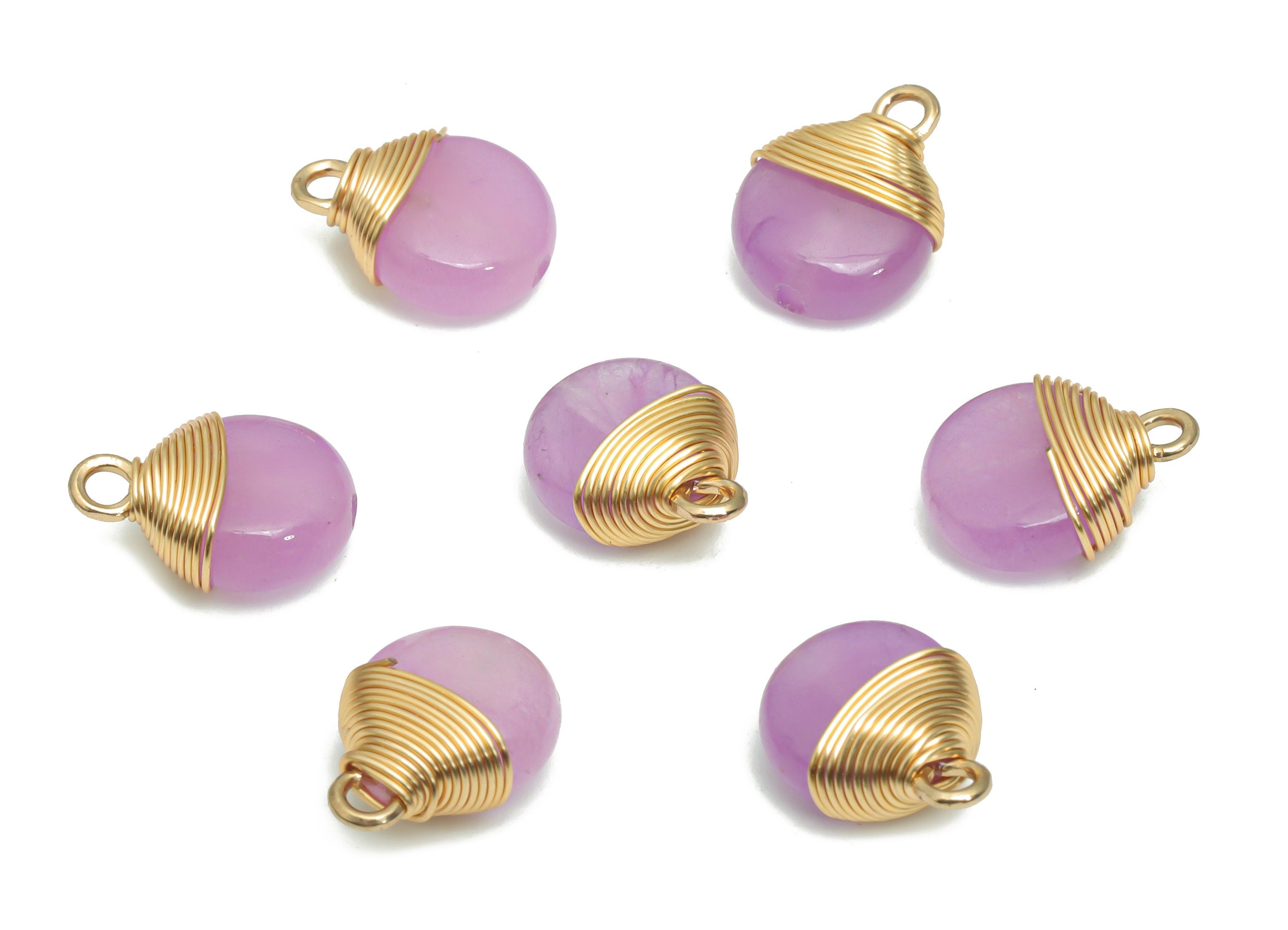 Purple Jade Round Earring Charms - Brass Circle Pendant - Brass Wire Wrapped - Gold Tone Plated Brass – 13.79x10.33x5.98mm – NS1608A - DOMEDBAZAAR