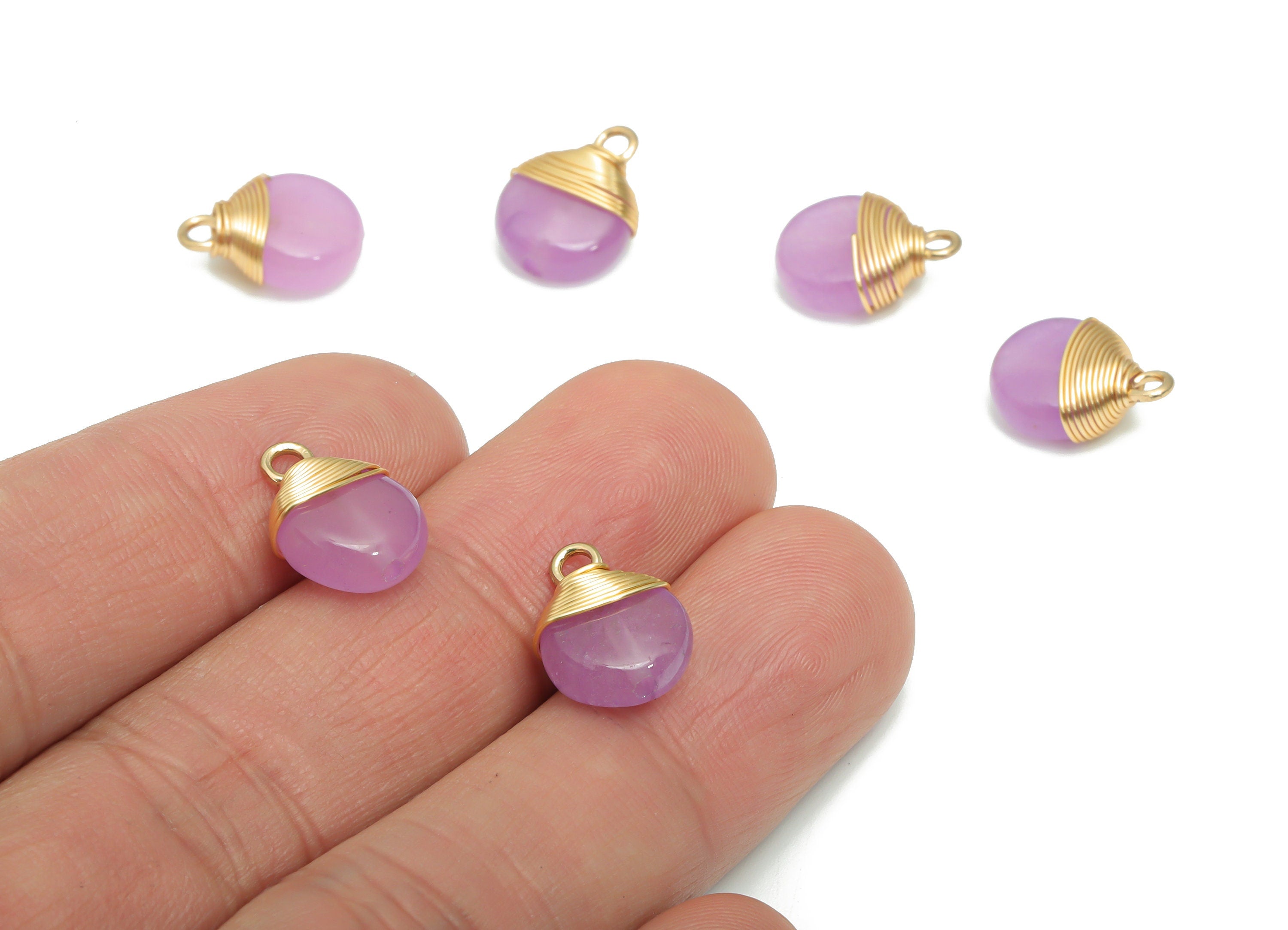 Purple Jade Round Earring Charms - Brass Circle Pendant - Brass Wire Wrapped - Gold Tone Plated Brass – 13.79x10.33x5.98mm – NS1608A - DOMEDBAZAAR