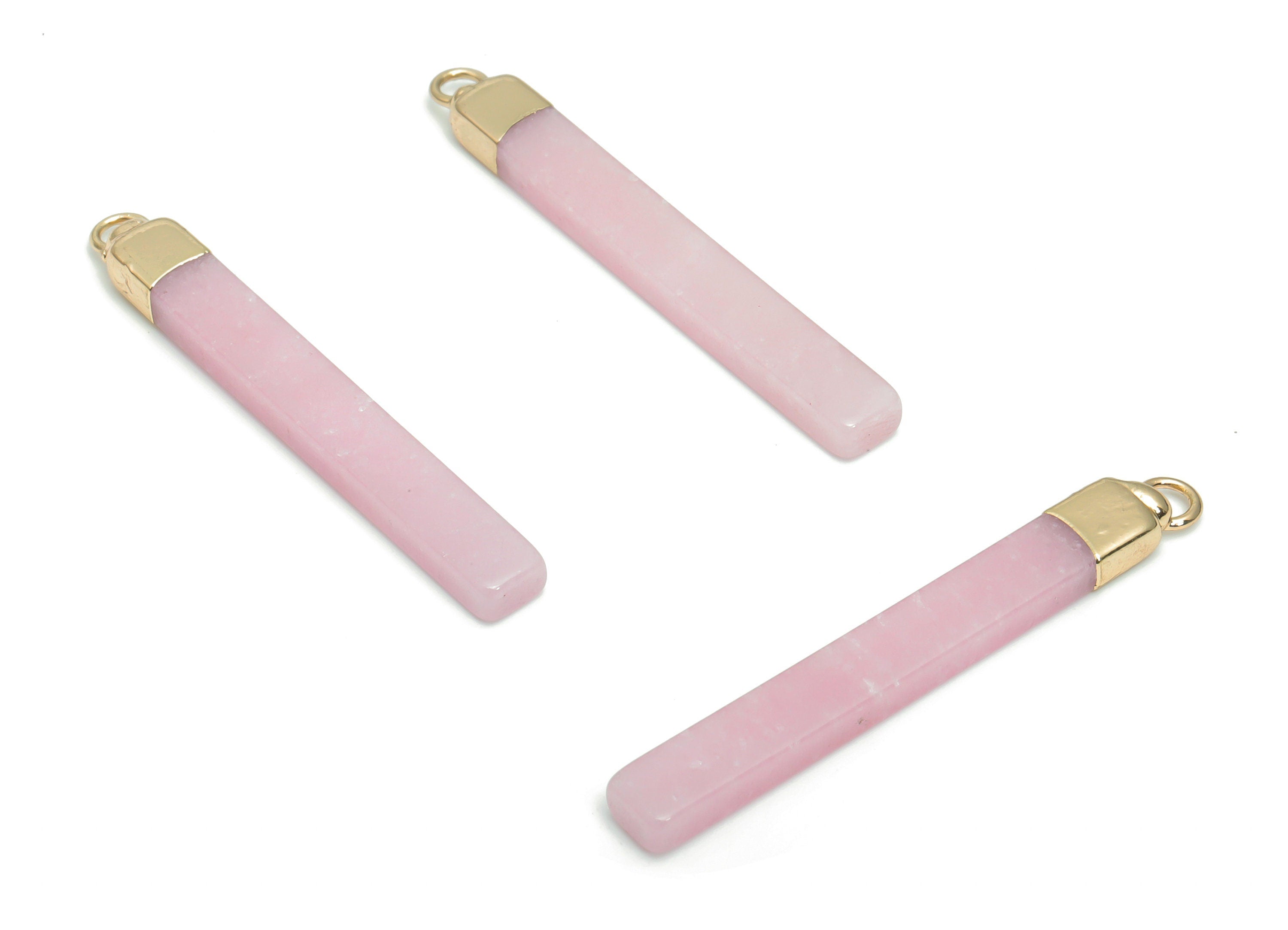 Rose Quartz Gemstone Pink Stick Charms - Brass Rectangle Bar Pendant - Natural Stone - Gold Tone Plated Brass – 44.37x5.5x3.3mm – NS1603D - DOMEDBAZAAR