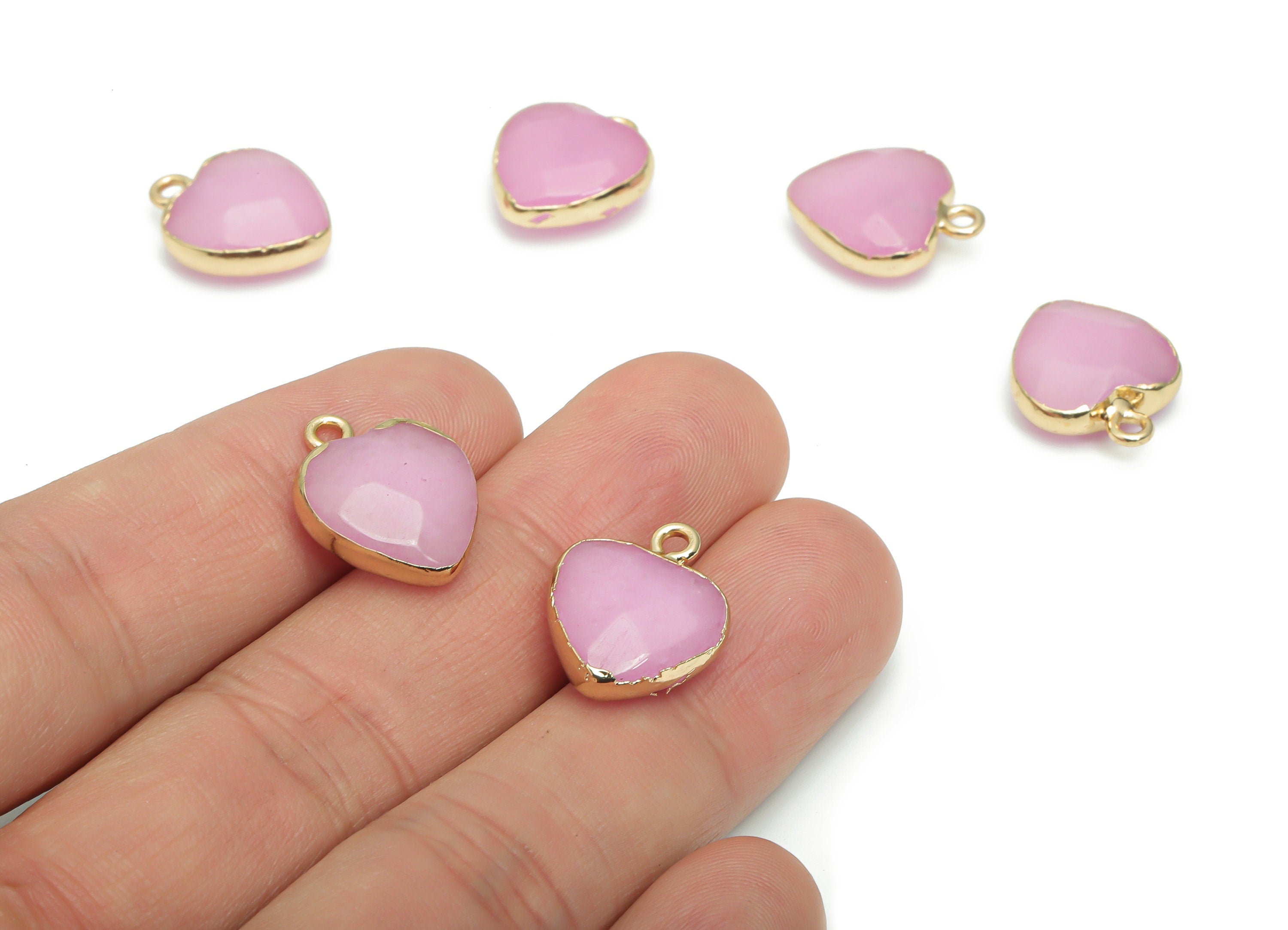 Pink Jade Heart Earring Charms - Brass Wire Heart Pendant - Natural Stone - Gold Tone Plated Brass – 17.57x14.1x6.2mm–NS1604B - DOMEDBAZAAR