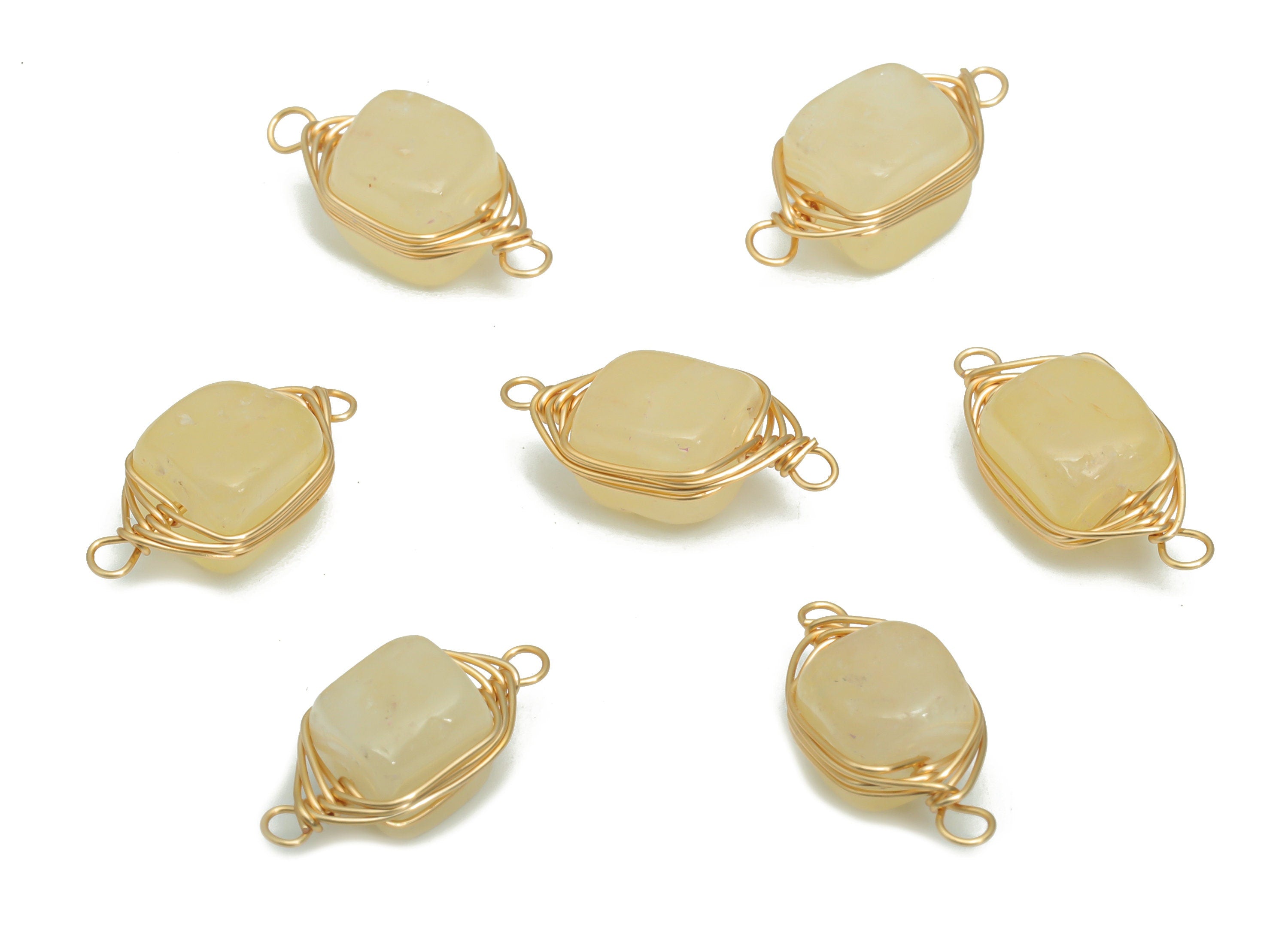 Yellow Jade Stone Earring Connector - Brass Square Charms - Brass Wire Wrapped - Gold Tone Plated Brass – 18.3x7.8x7mm –NS1613A - DOMEDBAZAAR