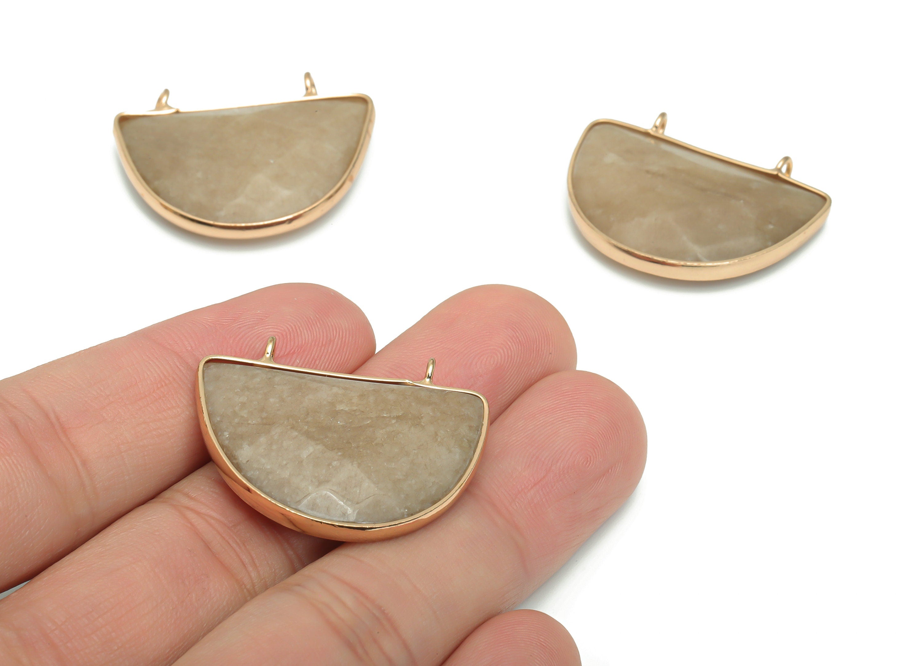 Imperial Topaz Crystal Semicircle Connectors - Brass Half Moon Pendant - Natural Stone - Gold Tone Plated Brass – 31.22x25.9x6.7mm – NS1675 - DOMEDBAZAAR