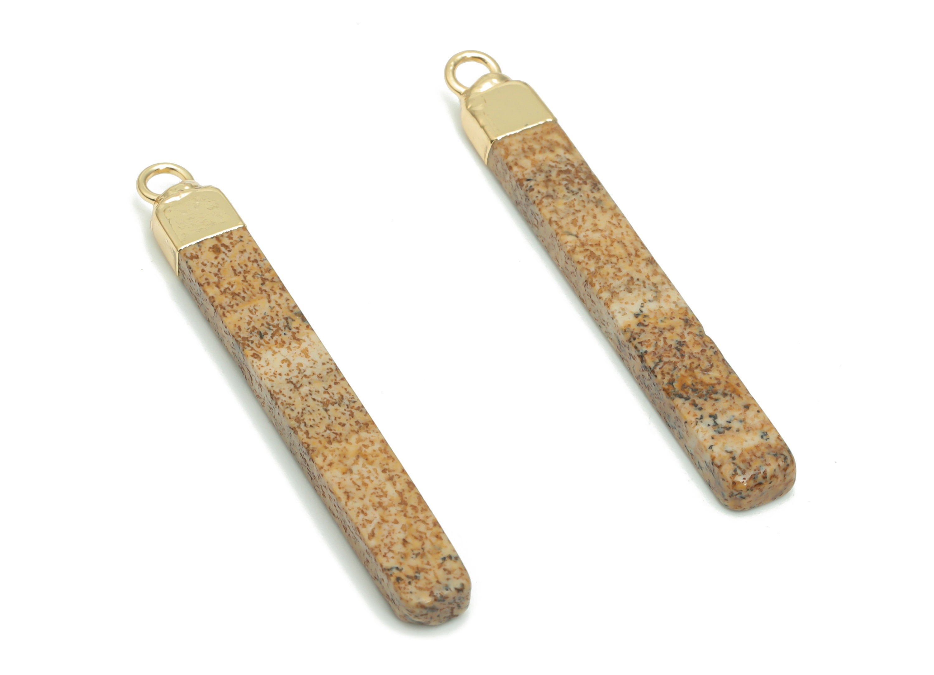 Picture Jasper Stick Earring Charms - Brass Rectangle Bar Pendant - Natural Stone - Gold Tone Plated Brass – 44.96x5.42x3.19mm – NS1603A - DOMEDBAZAAR
