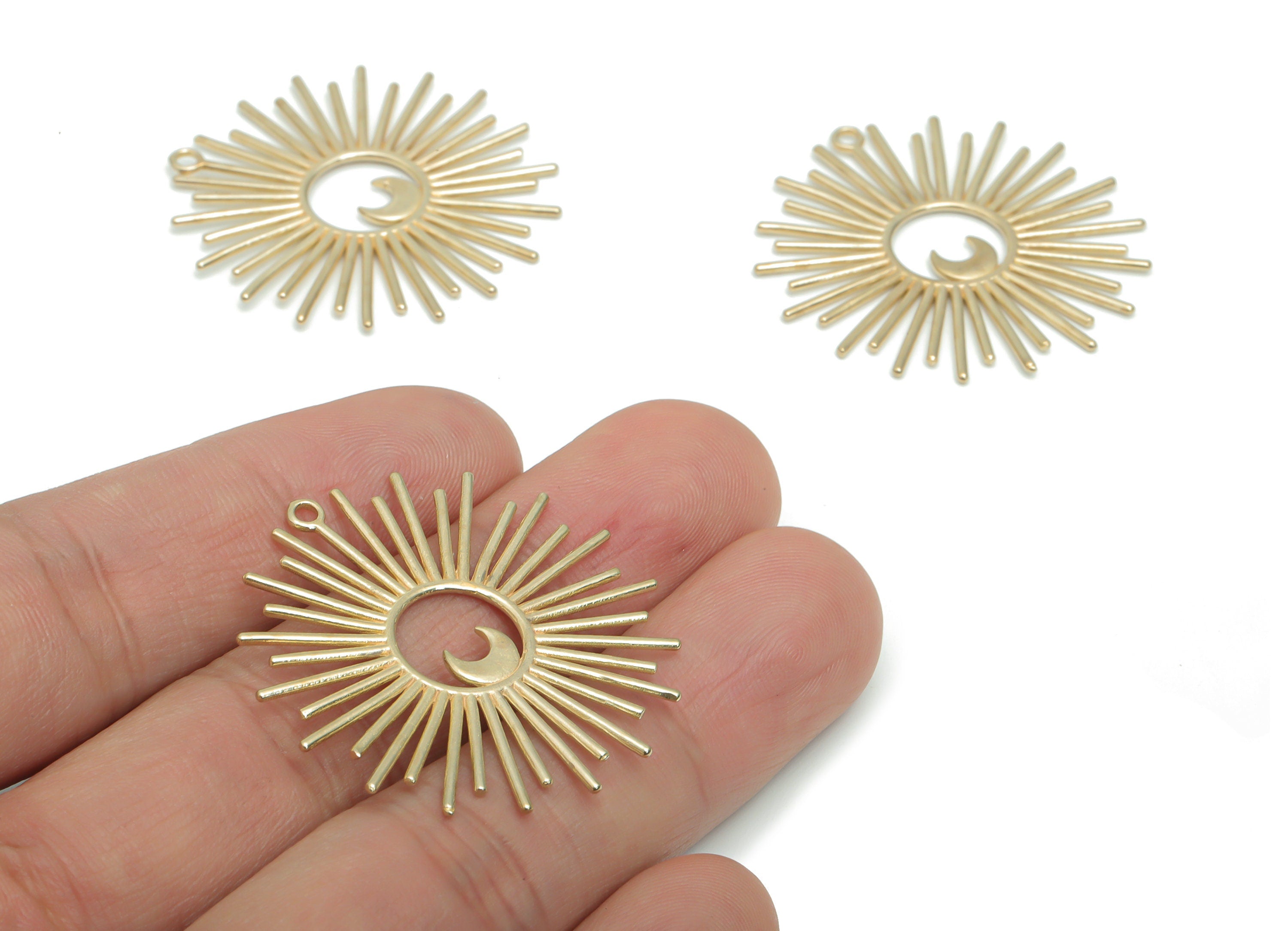 Brass Sun Crescent Earring Charms - Raw Brass Sun Moon Pendant - Jewelry Making Supplies - 36.4x35.82x0.97mm - PP5134 - DOMEDBAZAAR