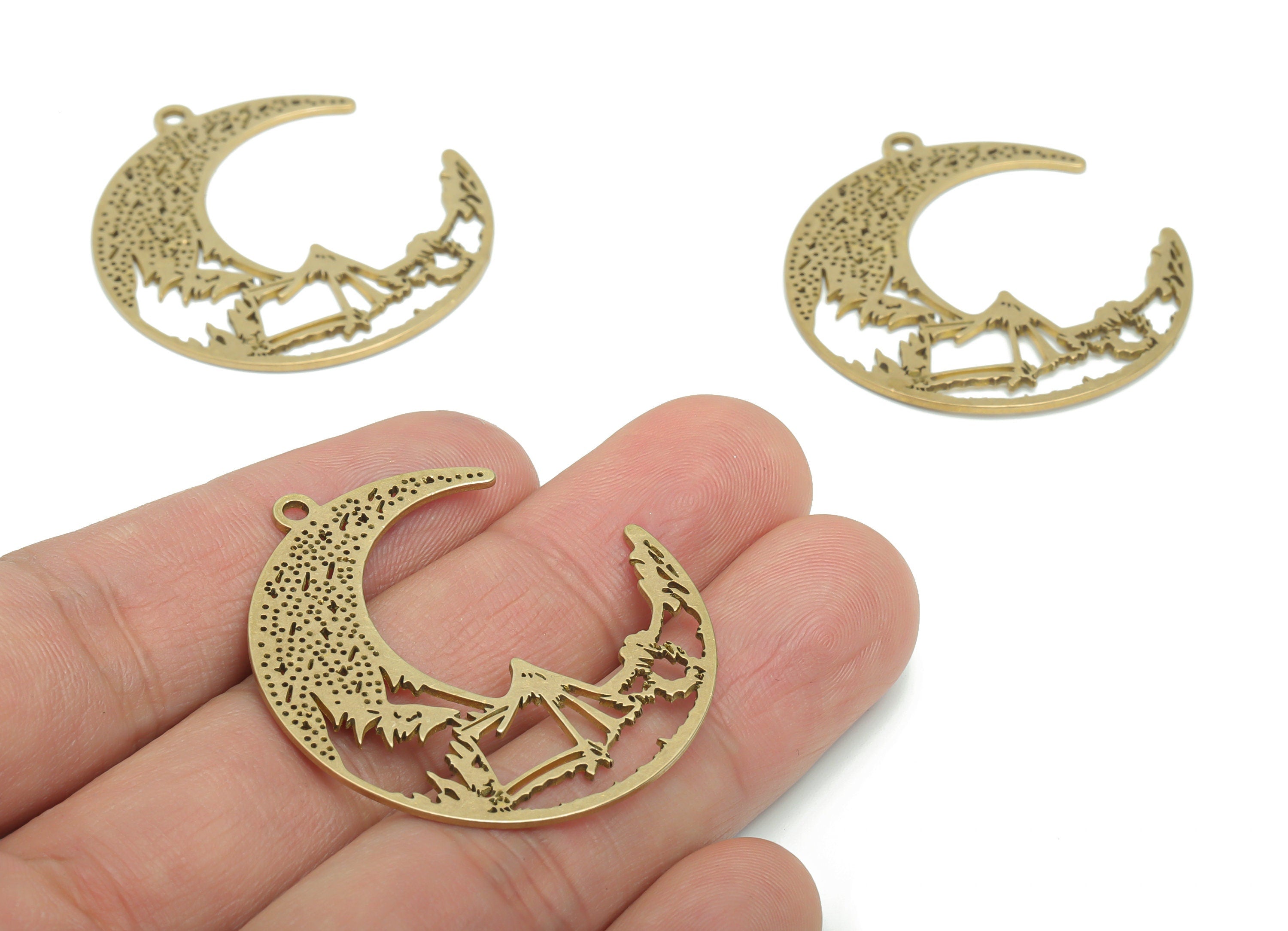 Brass Bubble Crescent Earring Charms - Raw Brass Moon Mountain Pendant - DIY Jewelry Making Supplies - 40.74x35.93x0.86mm - PPA1553 - DOMEDBAZAAR
