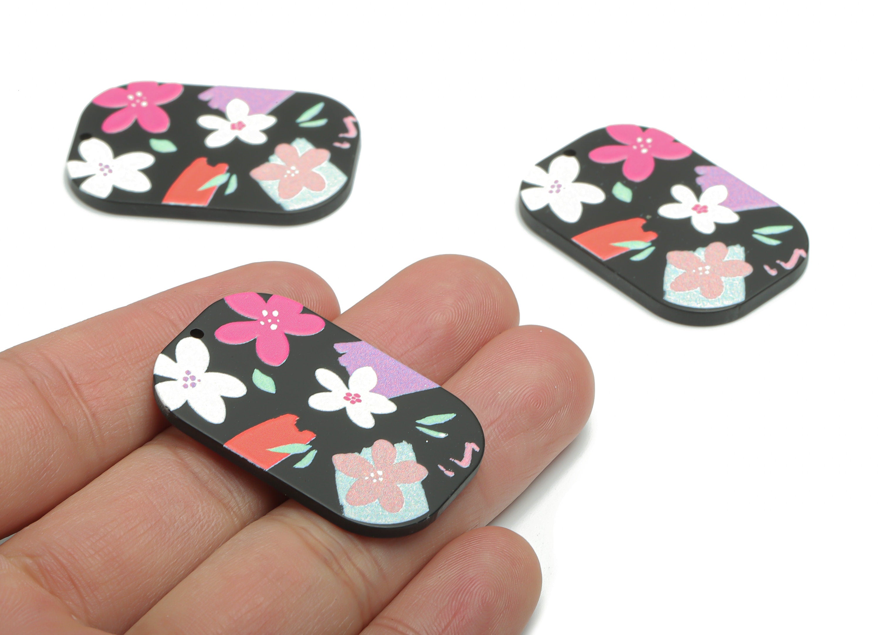 Acrylic Rectangle Leaf Flower Earring Charms - Acrylic Flower Rectangle Pendant - Printing Textured - 39.45x26.12x2.22mm - AC2458A - DOMEDBAZAAR