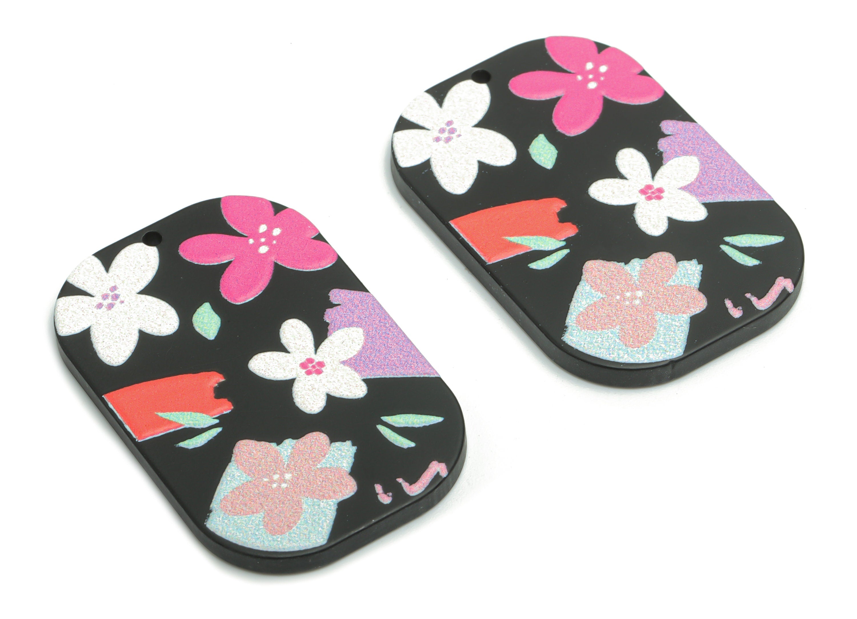 Acrylic Rectangle Leaf Flower Earring Charms - Acrylic Flower Rectangle Pendant - Printing Textured - 39.45x26.12x2.22mm - AC2458A - DOMEDBAZAAR