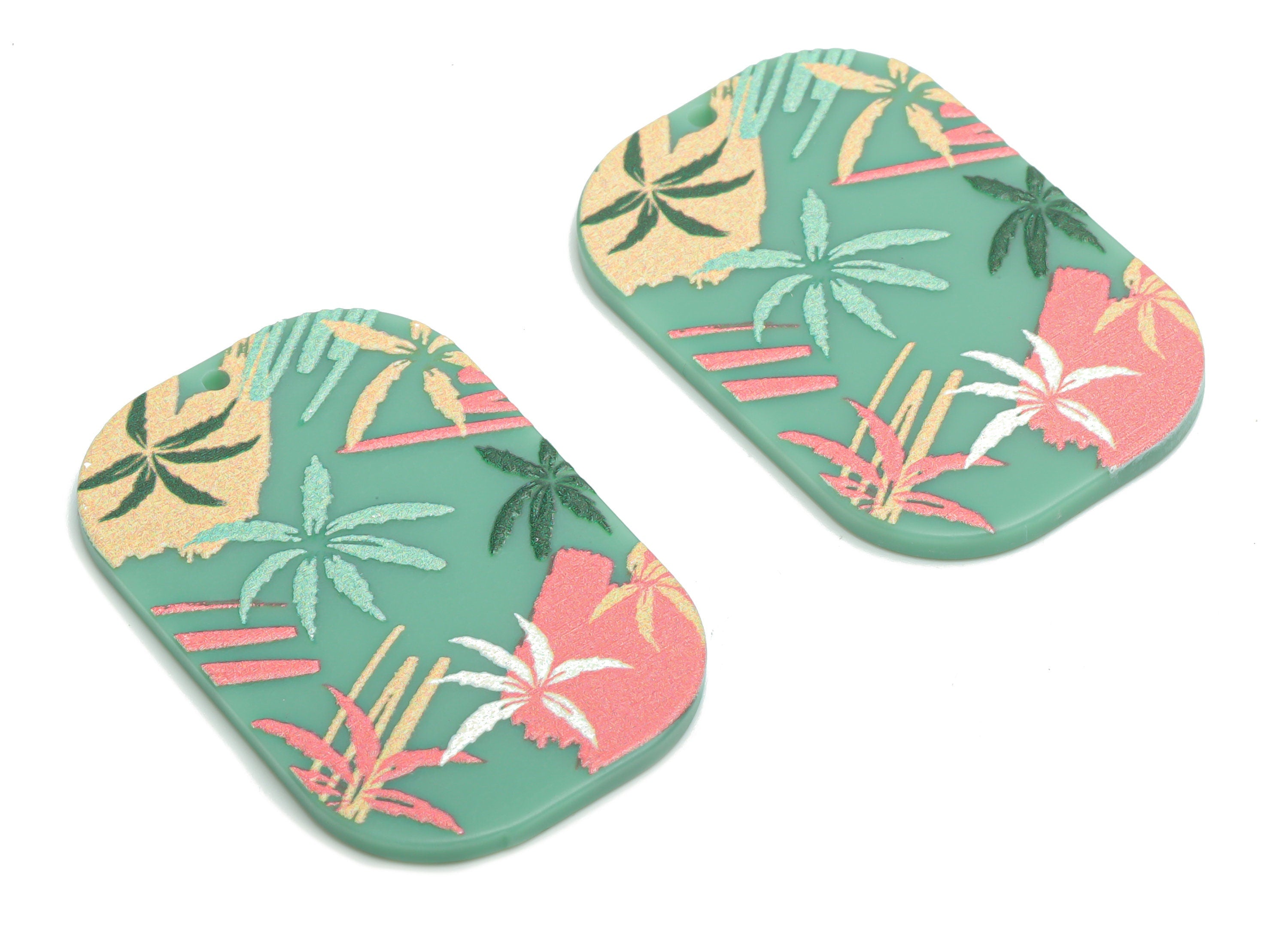 Acrylic Rectangle Leaf Flower Earring Charms - Acrylic Leaves Rectangle Pendant - Printing Textured - 39.45x26.12x2.22mm - AC2458H - DOMEDBAZAAR