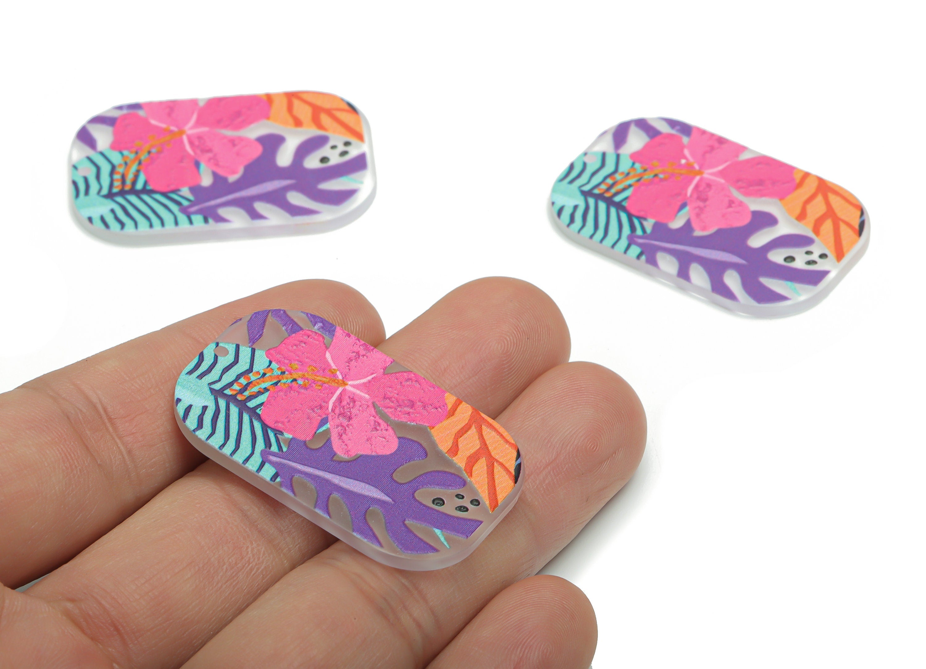 Acrylic Rectangle Leaf Flower Earring Charms - Acrylic Leaves Rectangle Pendant - Printing Textured - 39.45x26.12x2.22mm - AC2458C - DOMEDBAZAAR