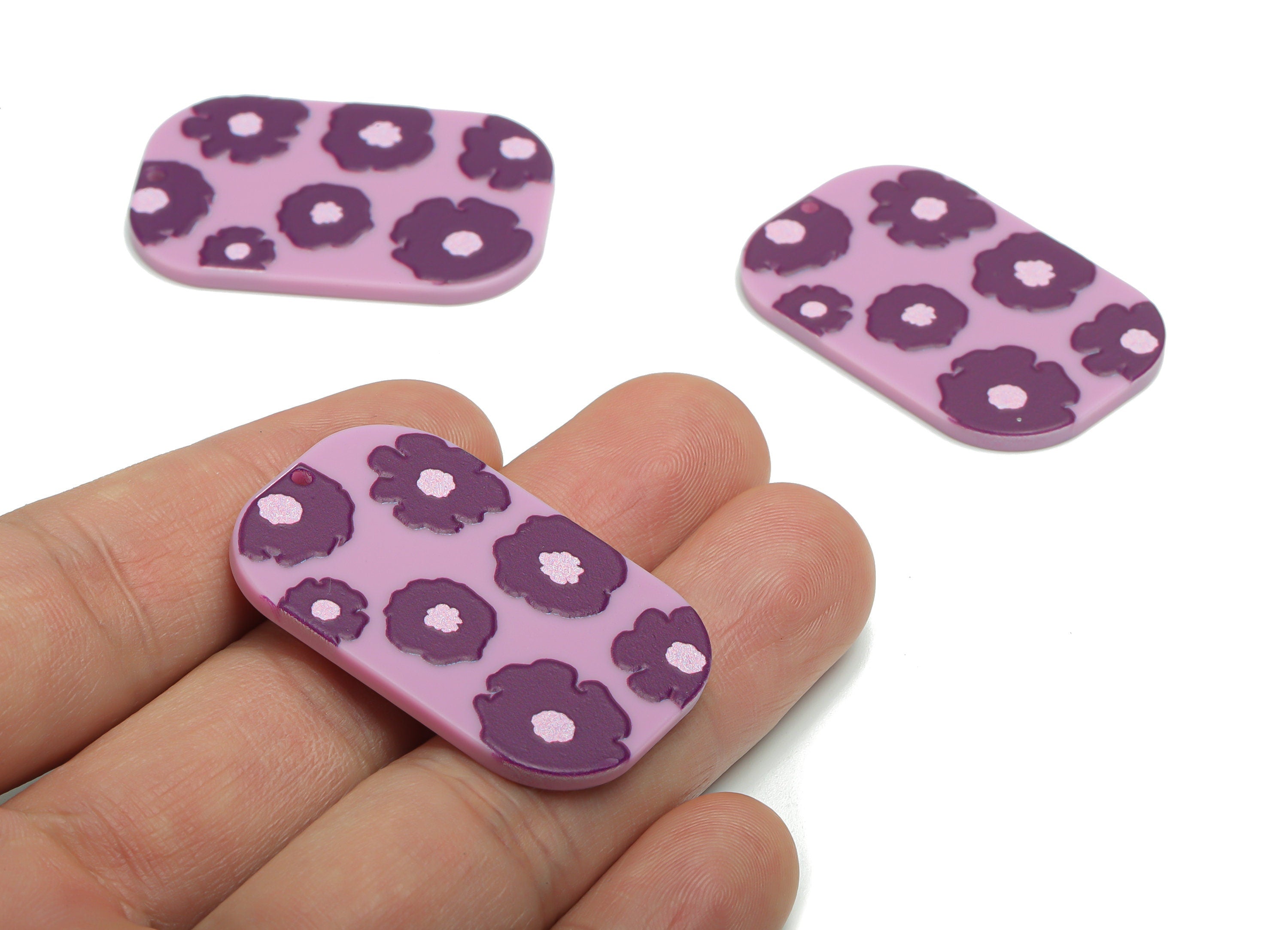 Acrylic Oval Rectangle Flower Earring Charms - Acrylic Flower Rectangle Pendant - Printing Textured - 39.45x26.12x2.22mm - AC2458D - DOMEDBAZAAR