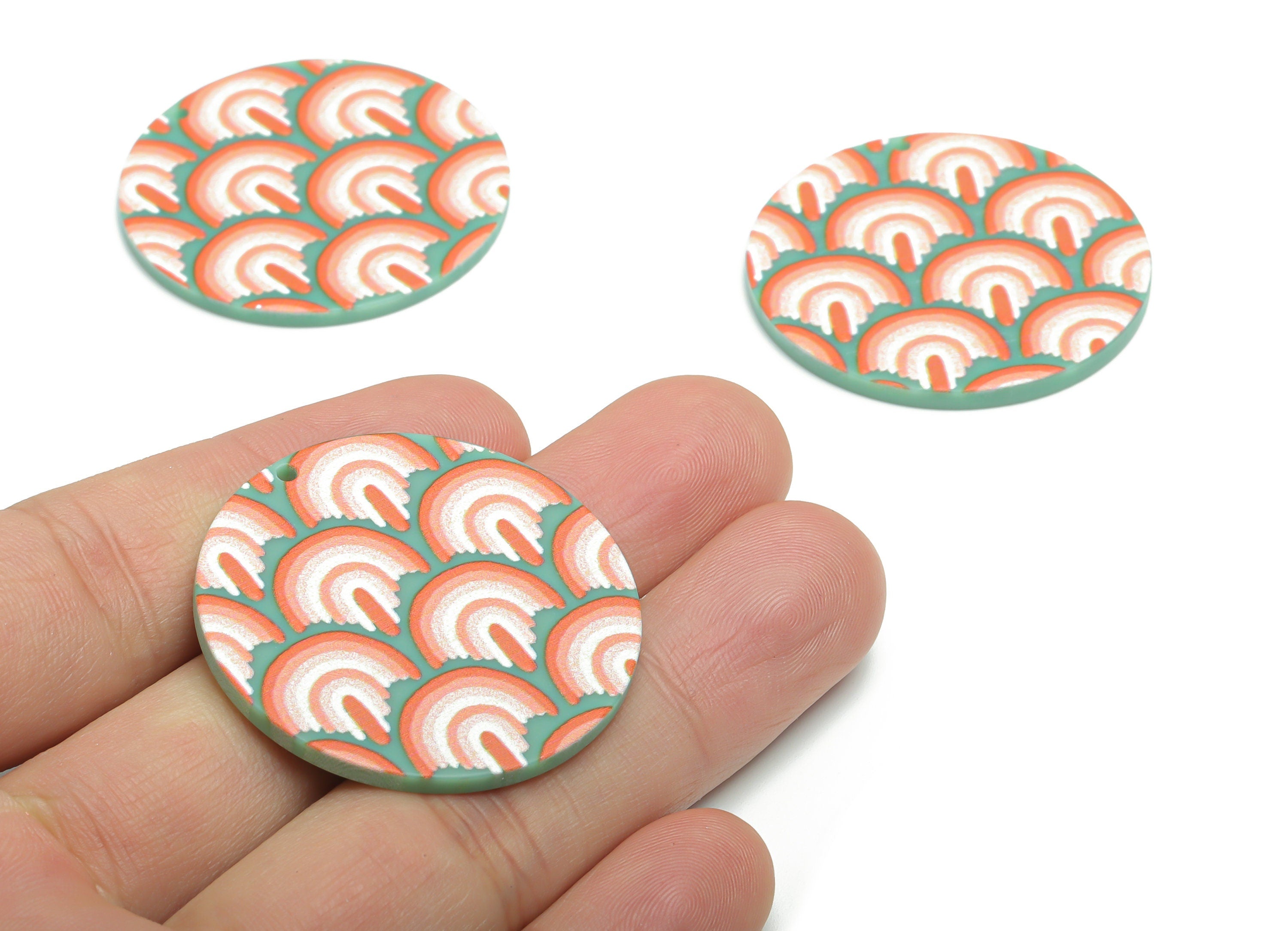 Acrylic Round Rainbow Earring Charms - Acrylic Rainbow Circle Pendant - Printing Textured - Jewelry Supplies - 37.62x37.62x2.43mm - AC2453A - DOMEDBAZAAR