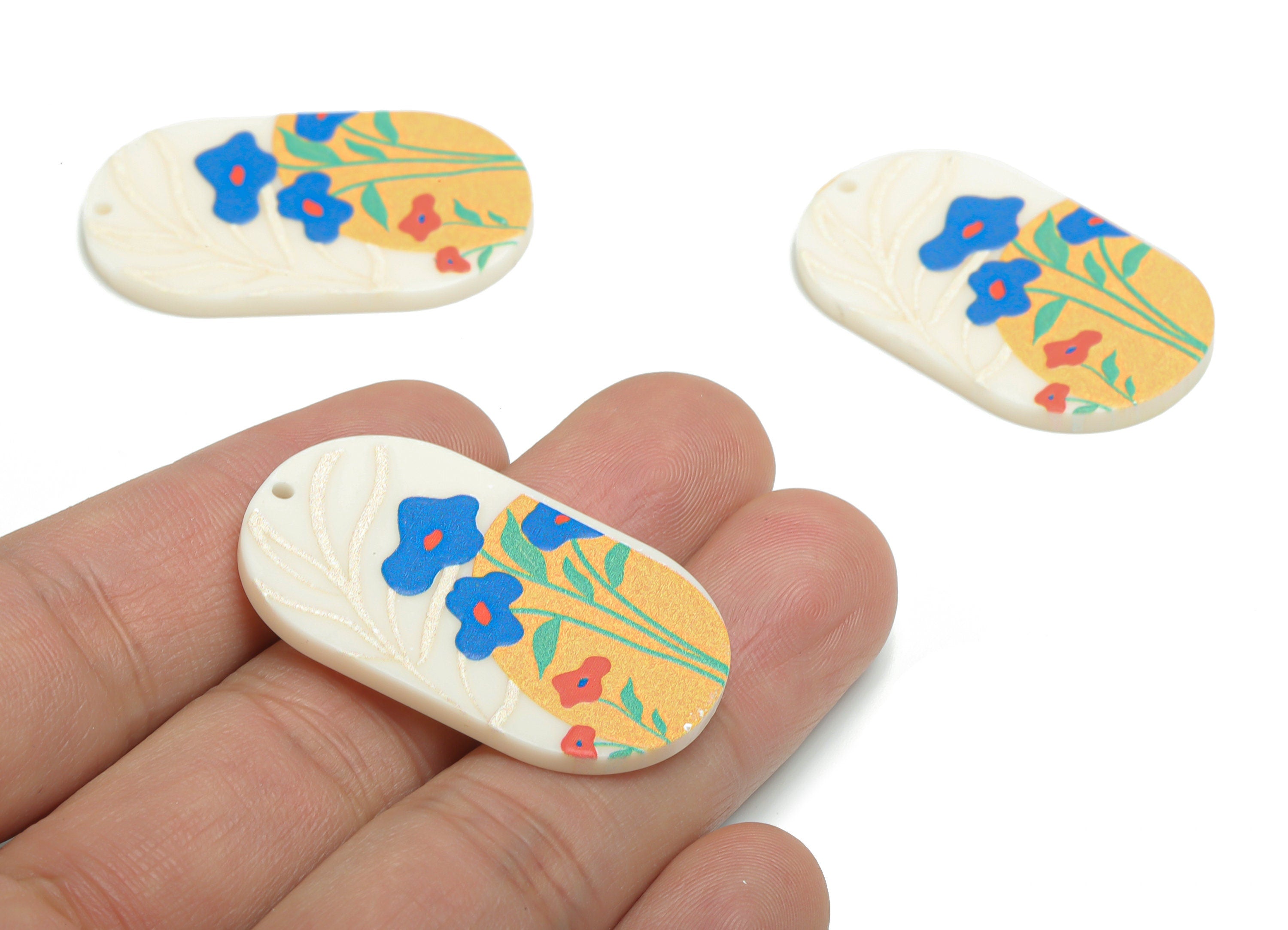 Acrylic Oval Flower Leaf Earring Charms - Acrylic Oval Flower Leaves Pendant - Printing Textured - 39.64x24.29x2.39mm - AC2459E - DOMEDBAZAAR