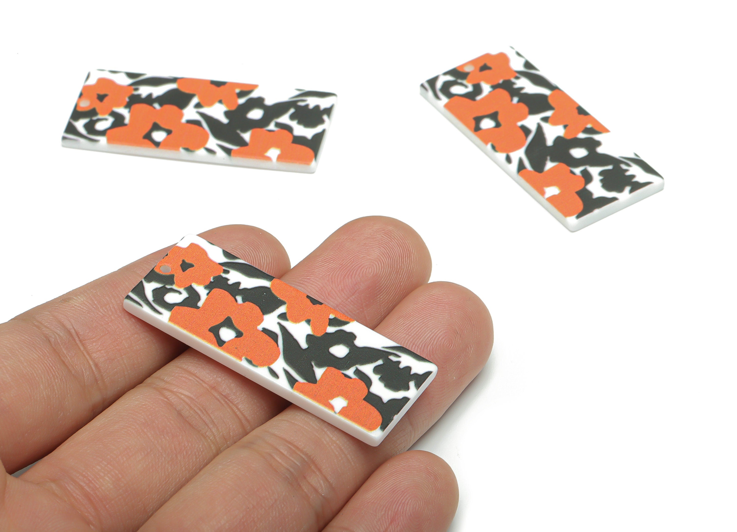 Acrylic Rectangle Leaf Flower Earring Charms - Acrylic Flower Rectangle Pendant - Printing Textured - 44.66x19.08x2.48mm - AC2462C - DOMEDBAZAAR