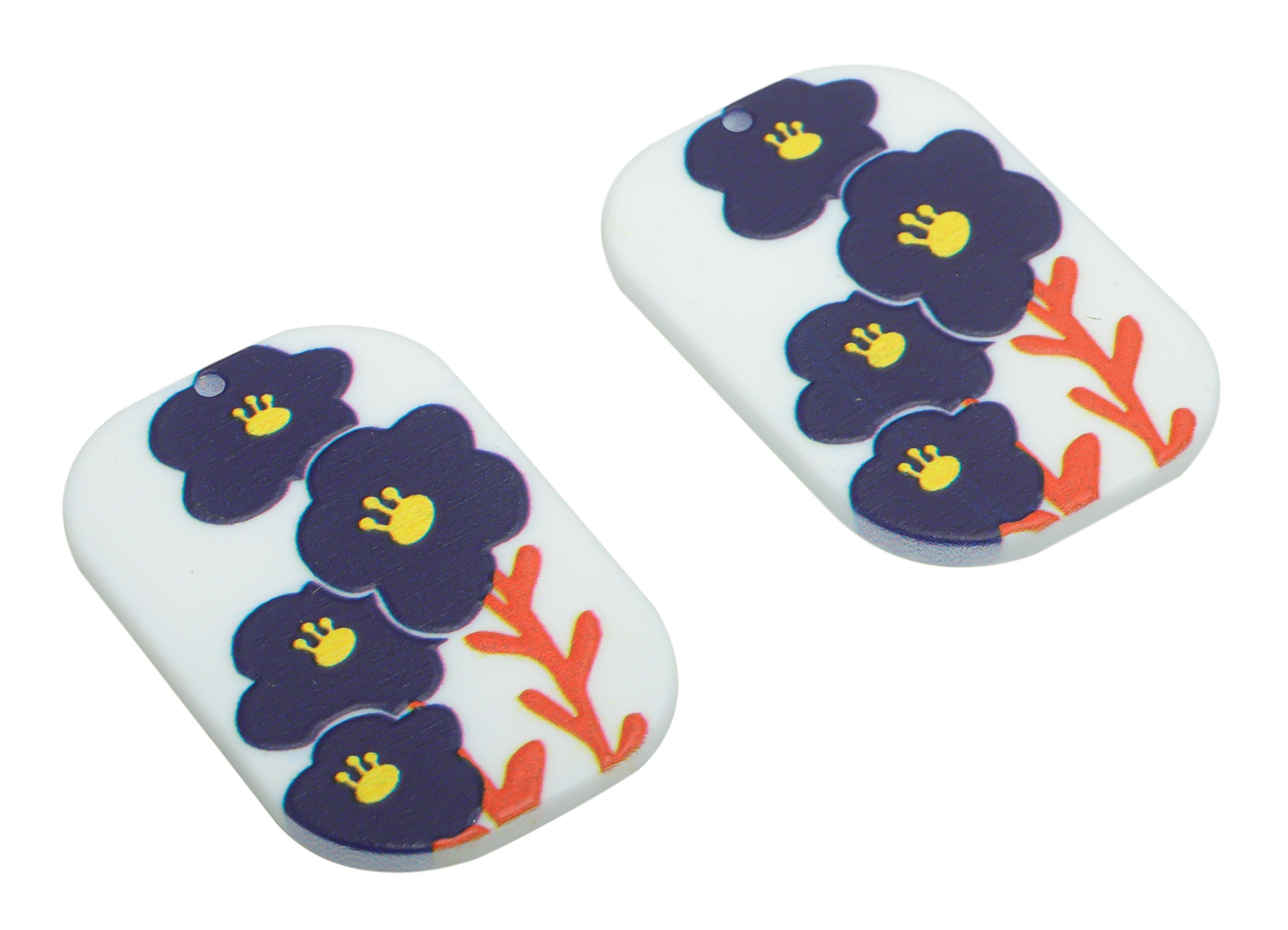 Acrylic Oval Rectangle Flower Branchs Charms - Acrylic Flower Leaf Rectangle Pendant - Printing Textured - 39.45x26.12x2.22mm - AC2458G - DOMEDBAZAAR