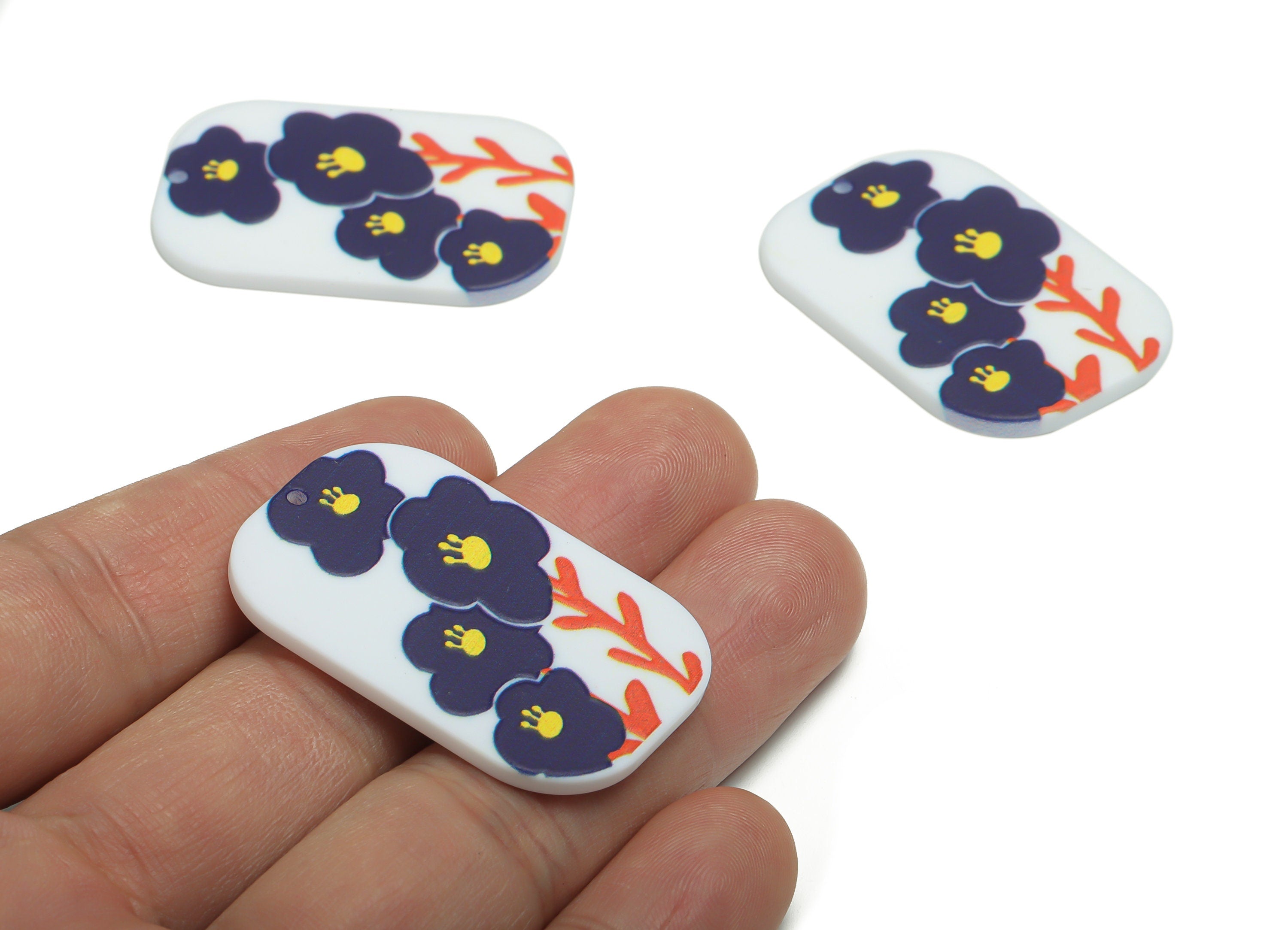 Acrylic Oval Rectangle Flower Branchs Charms - Acrylic Flower Leaf Rectangle Pendant - Printing Textured - 39.45x26.12x2.22mm - AC2458G - DOMEDBAZAAR