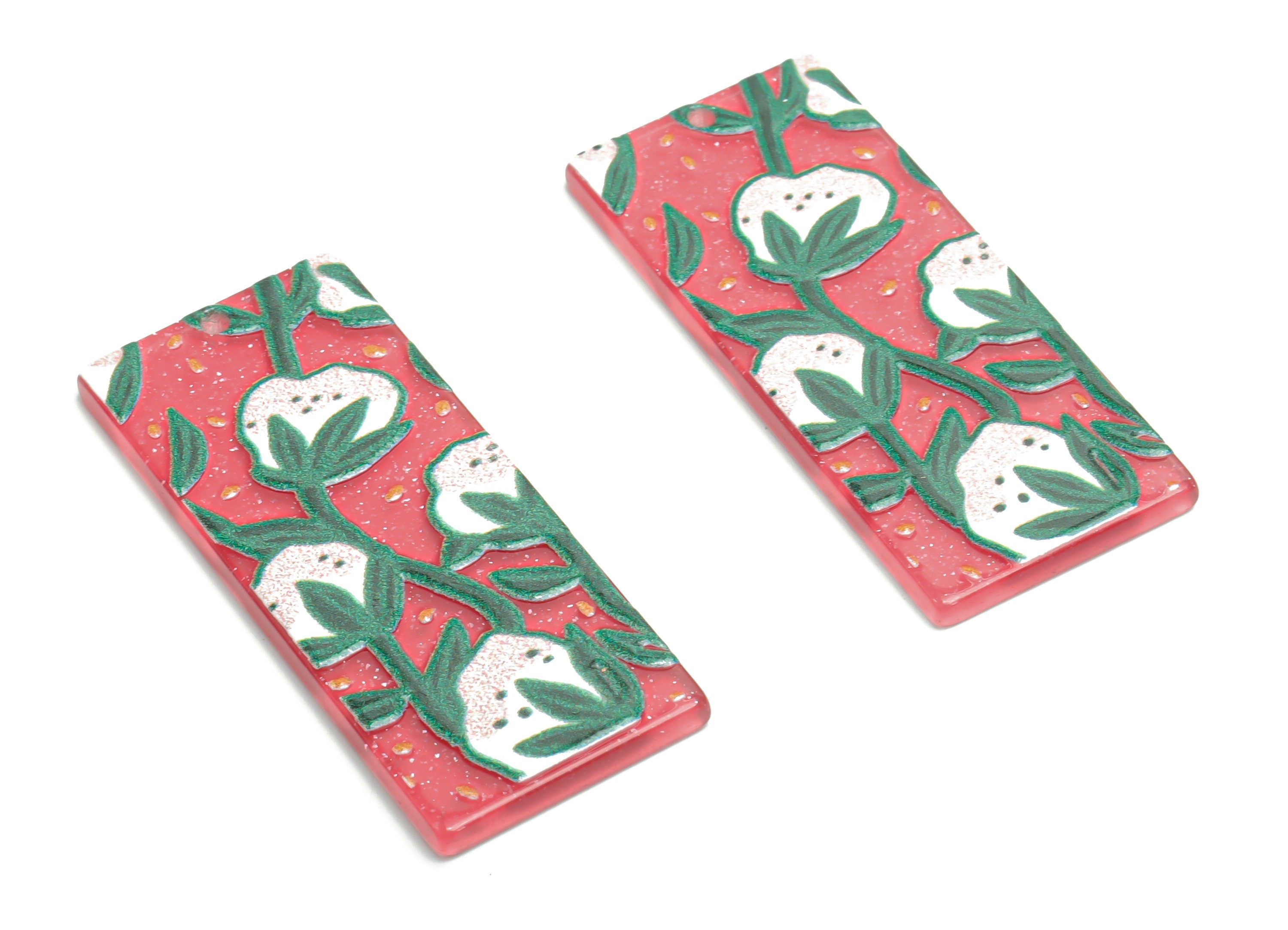 Acrylic Rectangle Leaf Flower Earring Charms - Acrylic Flower Rectangle Pendant - Printing Textured - 44.66x19.08x2.48mm - AC2462A - DOMEDBAZAAR