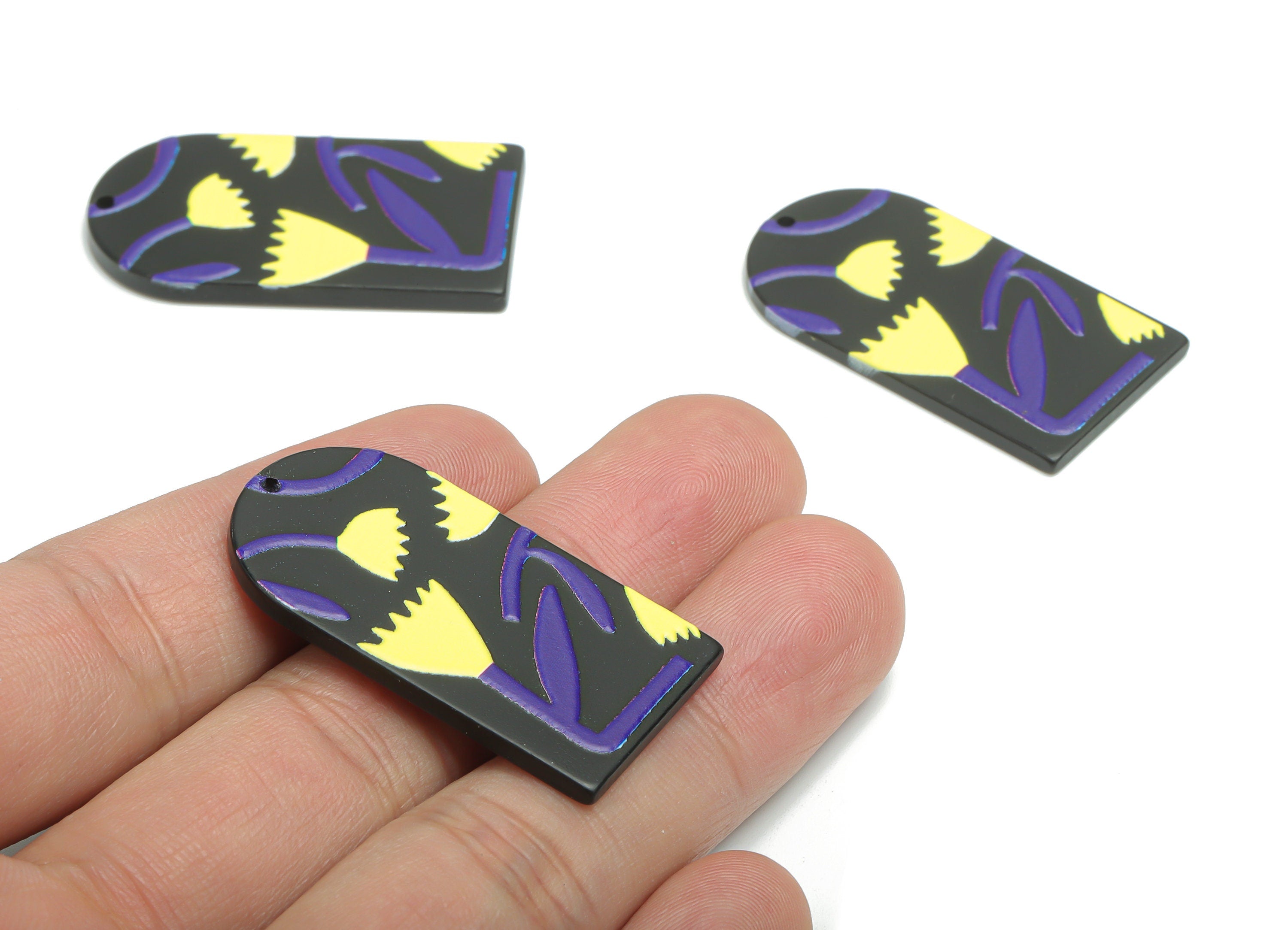 Acrylic Long D Domed Lotus Leaves Earring Charms - Acrylic D Flower Leaf Pendant - Printing Textured - 39.58x20.94x2.07mm - AC2460M - DOMEDBAZAAR