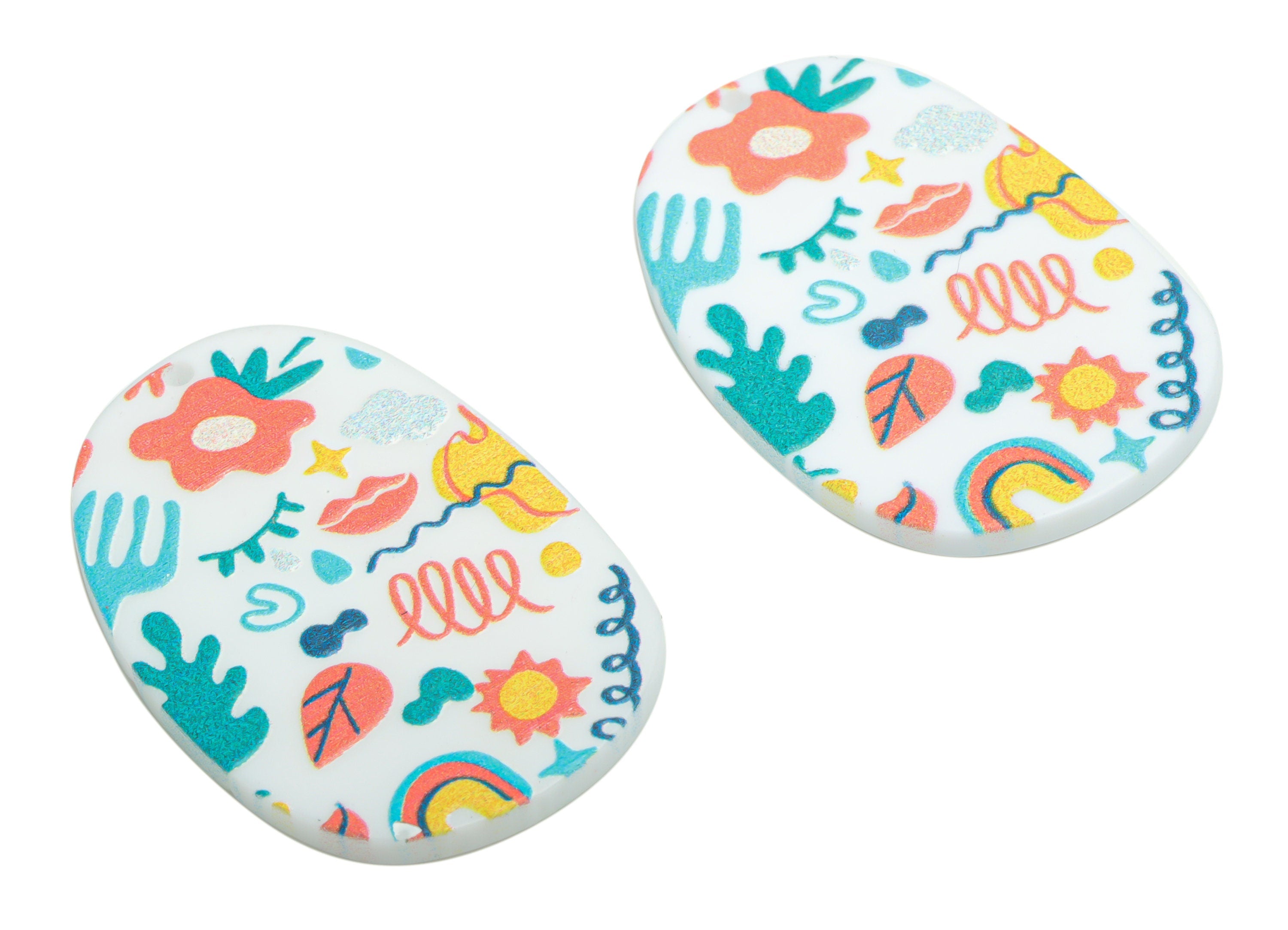 Acrylic Oval Flower Cloud Rainbow Eye Earring Charms - Acrylic Various Patterns Pendant - Printing Textured - 39.5x26.38x2.46mm - AC2463B - DOMEDBAZAAR