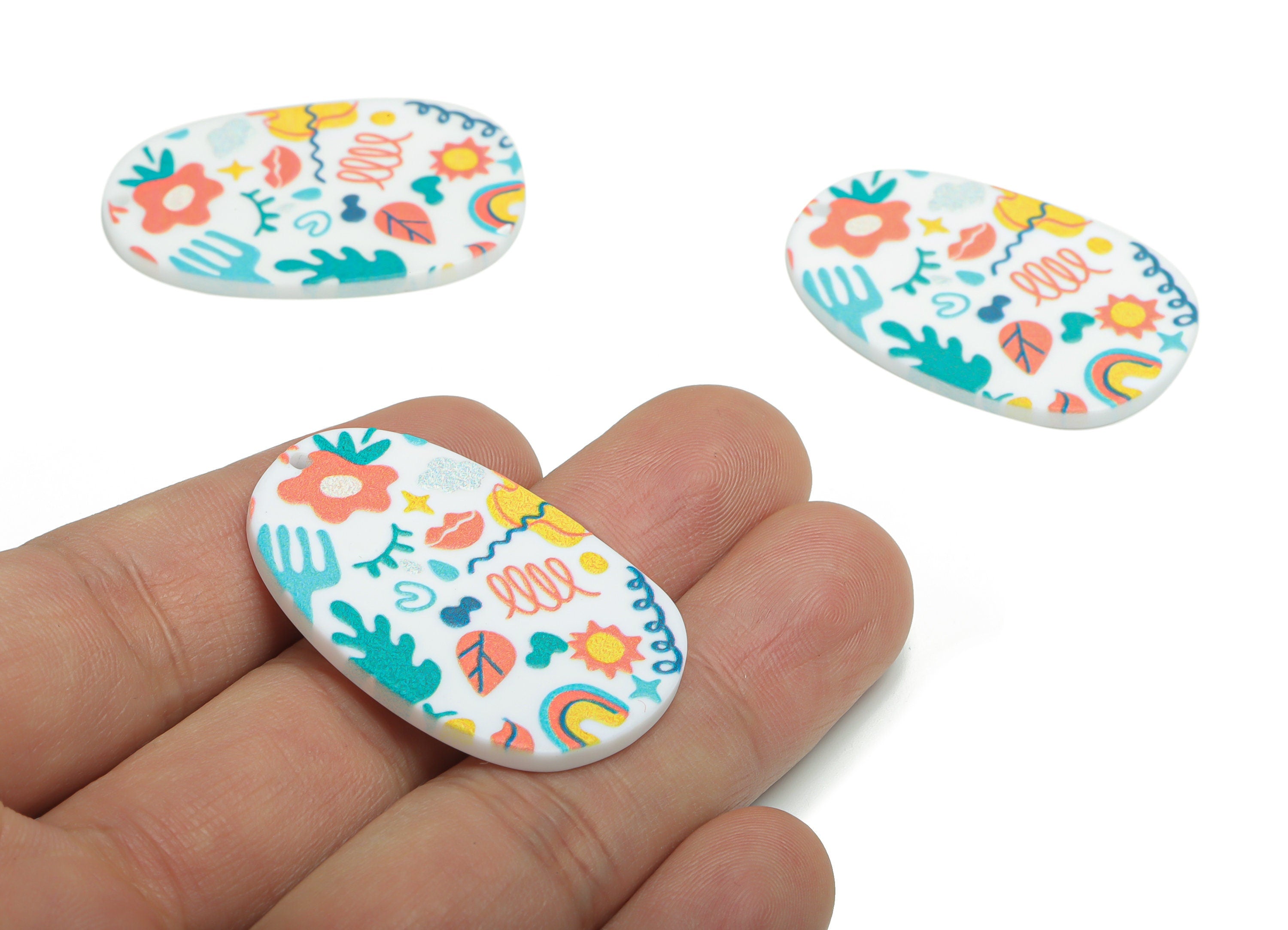 Acrylic Oval Flower Cloud Rainbow Eye Earring Charms - Acrylic Various Patterns Pendant - Printing Textured - 39.5x26.38x2.46mm - AC2463B - DOMEDBAZAAR