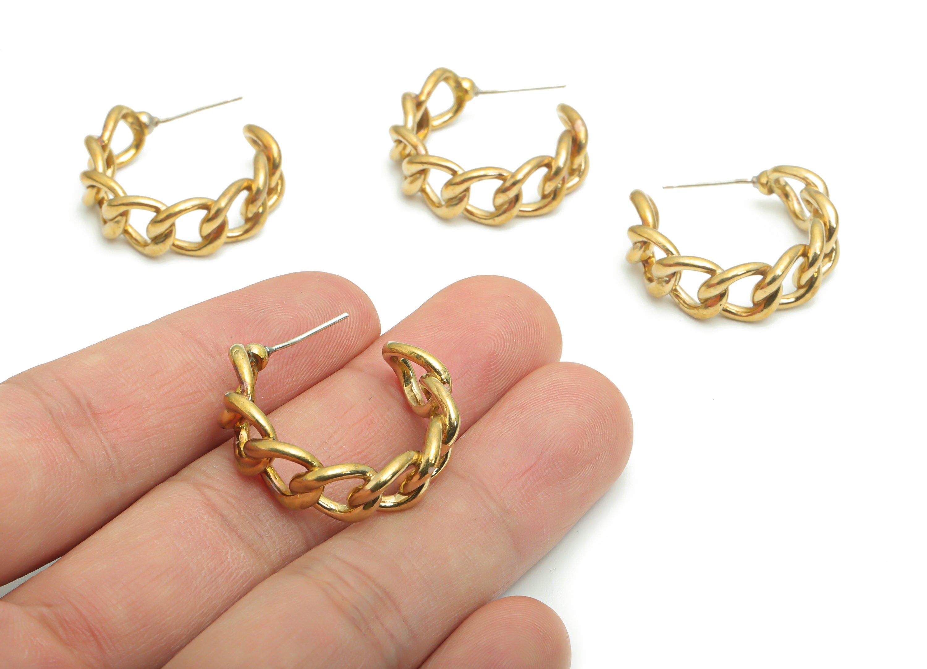 Brass C Stud - Raw Brass C Curb Chain Hoop Post - Open Hoop Stud - Silver Plated White Brass - Jewelry Supplies - 26.71x25.72x3.58mm- PP5143 - DOMEDBAZAAR