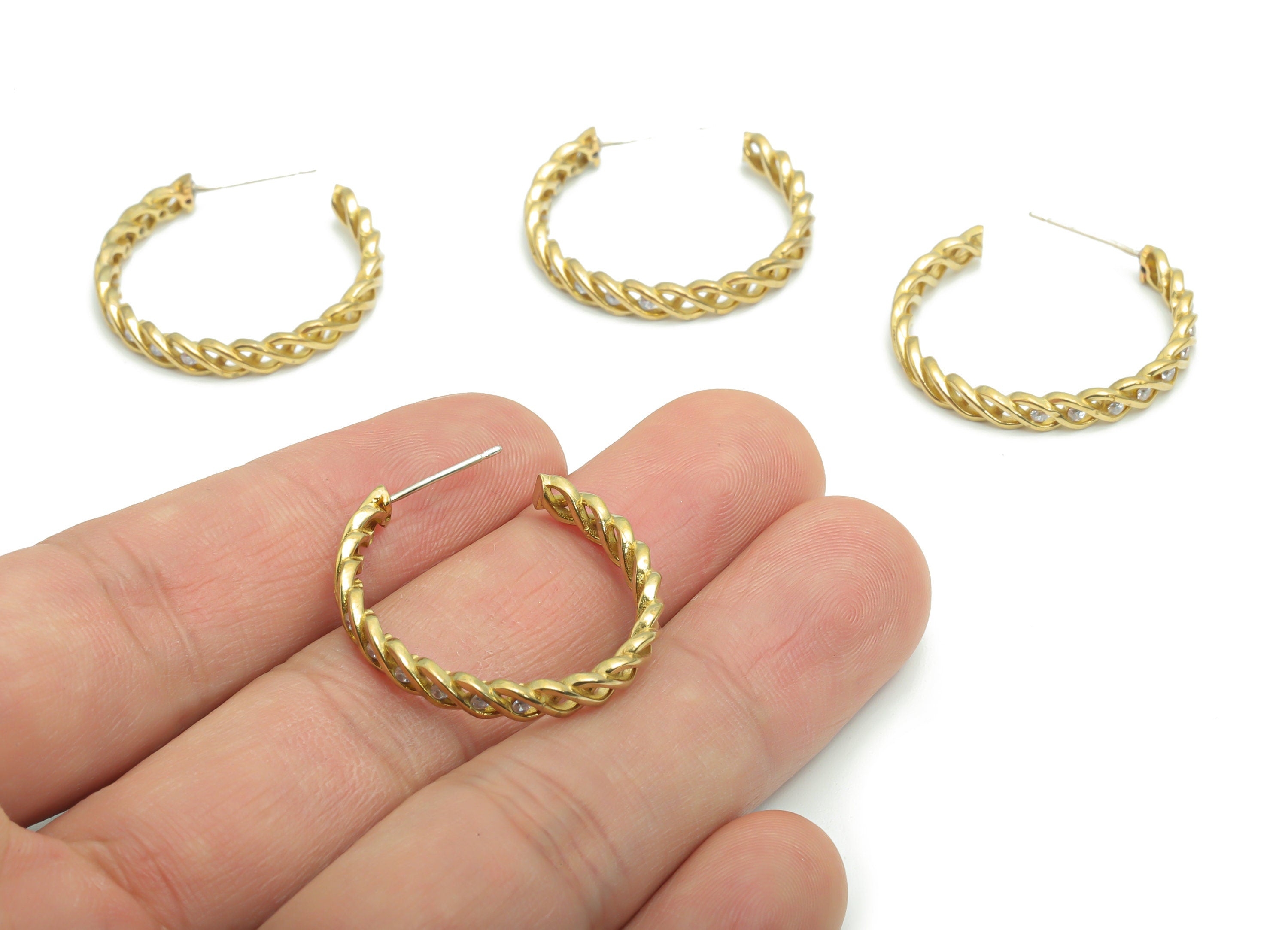 Brass C Earring Stud With Zircons - Raw Brass C Chain Hoop Post - Open Hoop Stud - Silver Plated Cupronickel - 27.3x24.46x2.48mm - PP5144 - DOMEDBAZAAR