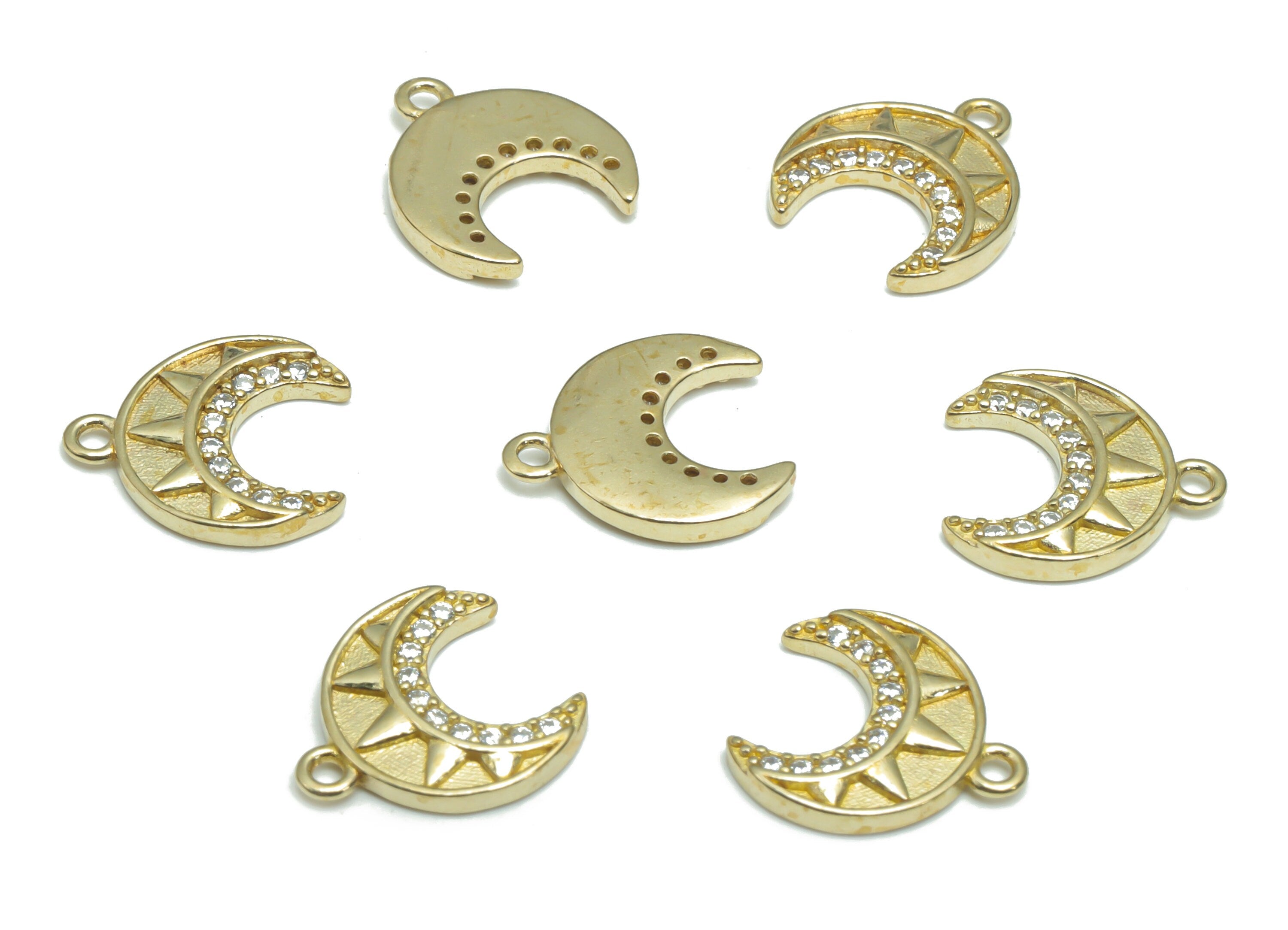 Brass Crescent Earring Charms With Zircons - Raw Brass Moon Sun Pendant - Jewelry Making Supplies - 12.45x11.23x1.8mm - PP5177 - DOMEDBAZAAR
