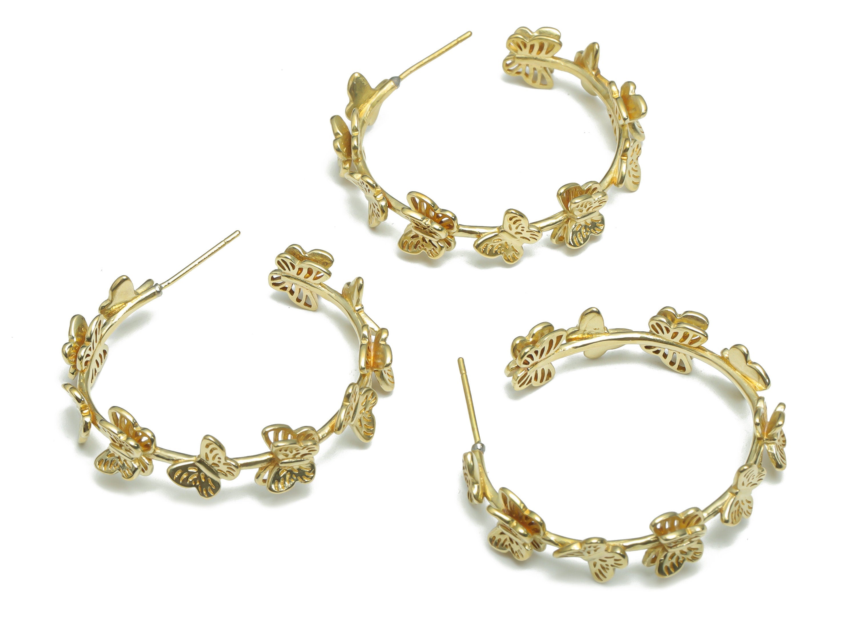 Brass C Butterfly Earring Stud - Raw Brass C Butterfly Earring Post - Open Hoop Stud - Stainless Steel Stud - 37.11x32.81x3.91mm - PP5147 - DOMEDBAZAAR