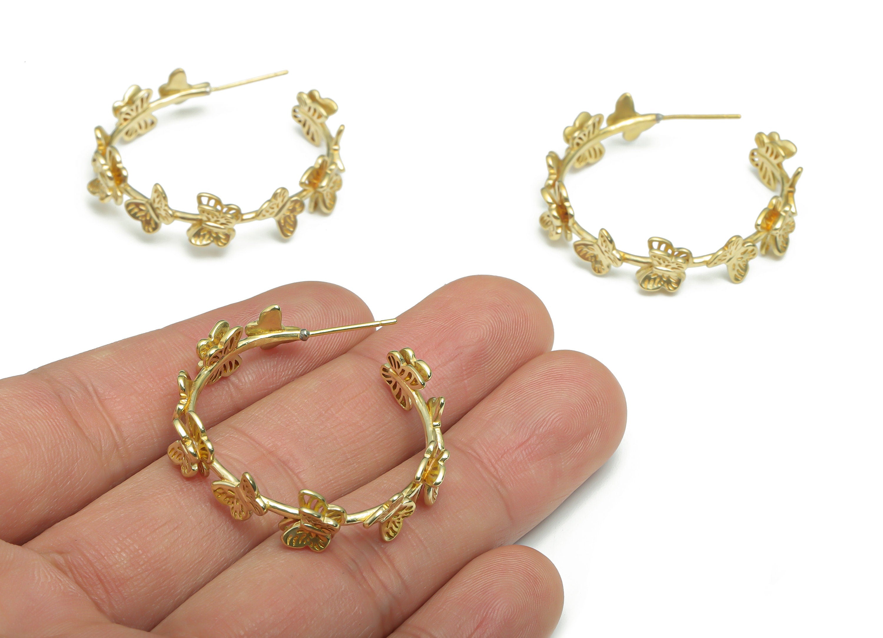 Brass C Butterfly Earring Stud - Raw Brass C Butterfly Earring Post - Open Hoop Stud - Stainless Steel Stud - 37.11x32.81x3.91mm - PP5147 - DOMEDBAZAAR