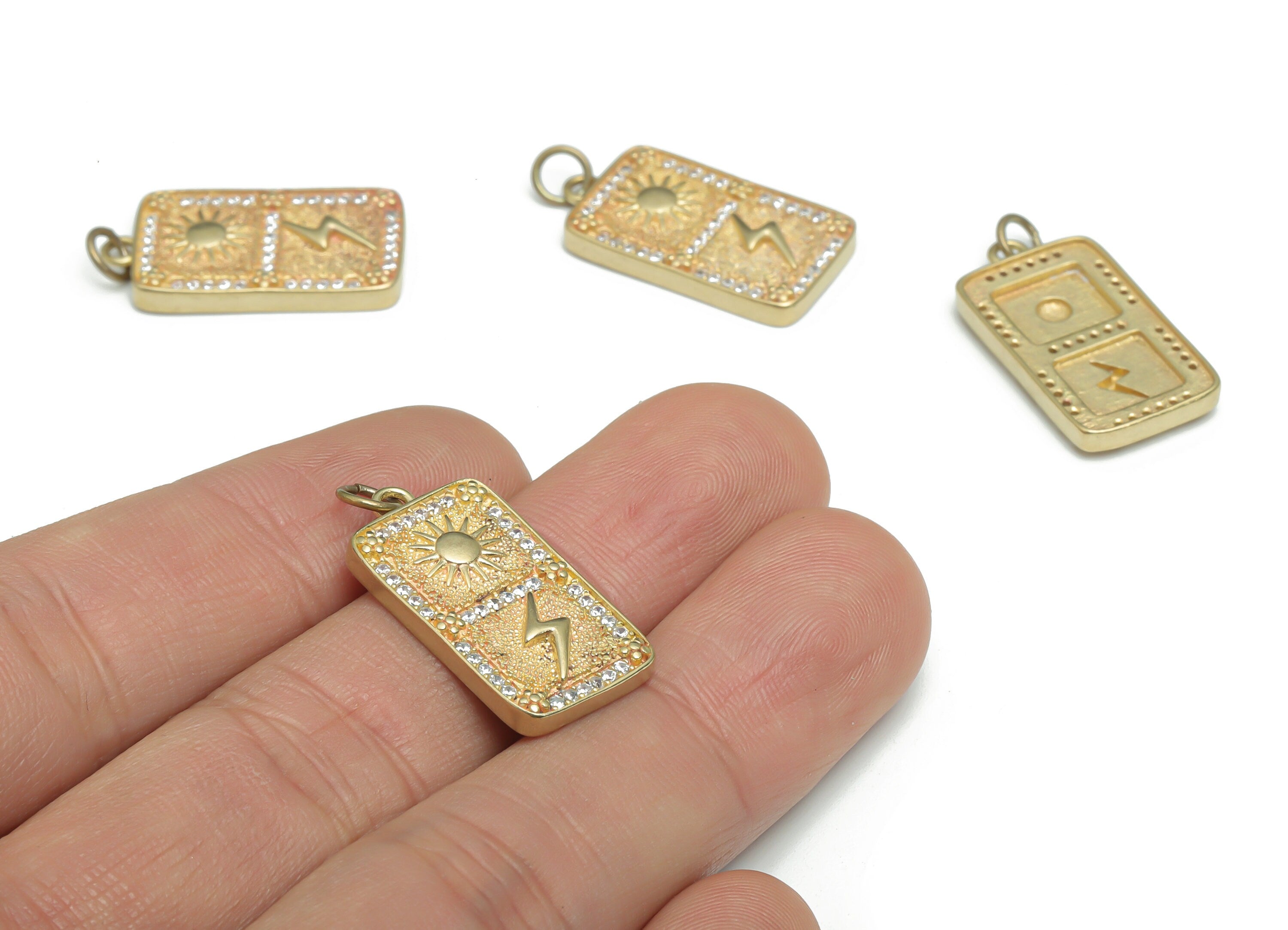 Brass Rectangle Sun Earring Charms With Zircons - Raw Brass Lightning Rectangle Pendant - Jewelry Making Supplies - 28.29x13.26x3mm - PP5170 - DOMEDBAZAAR