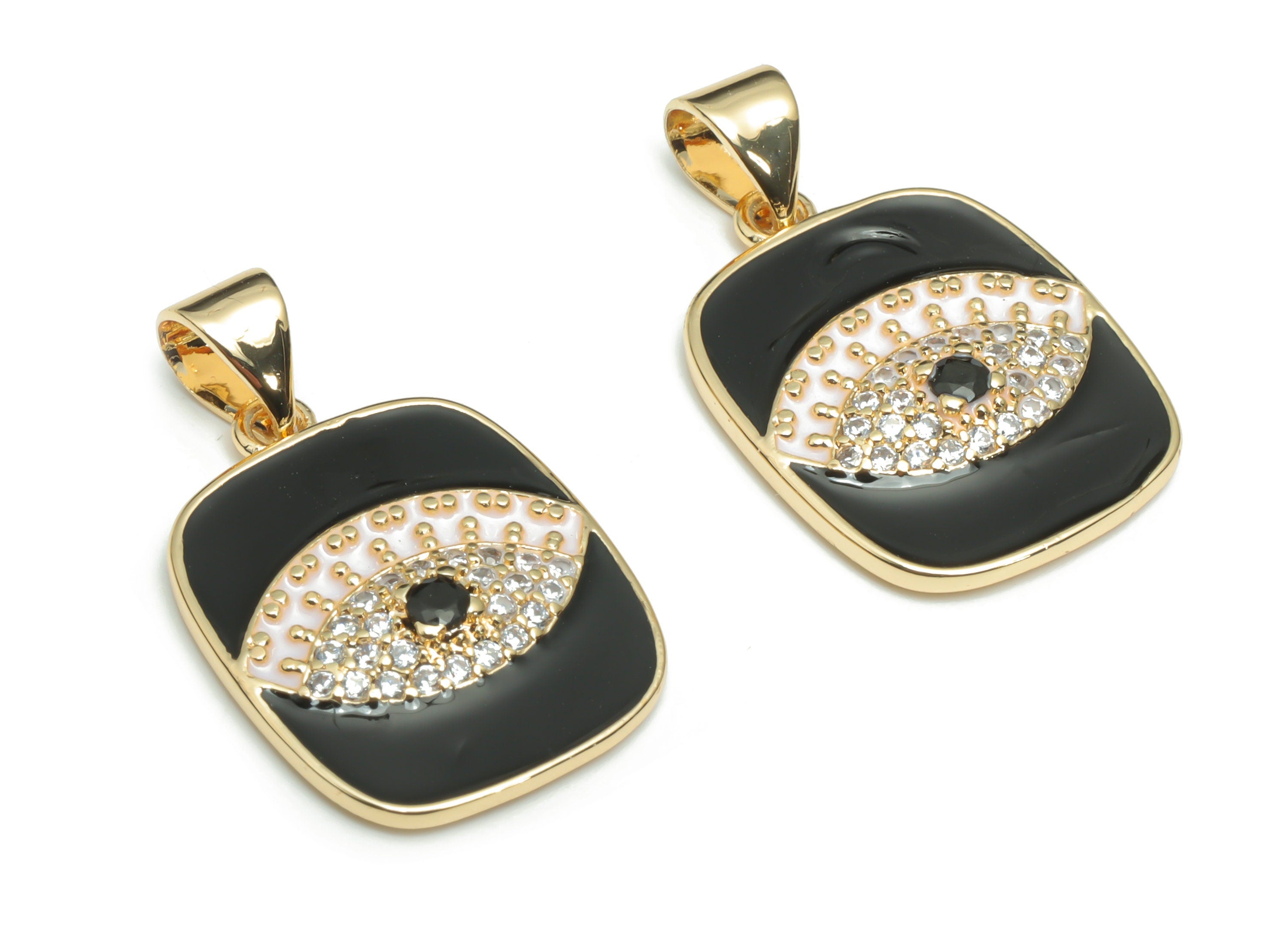 Brass Square Eye Earring Charms With Zircons - Enamel Gold Square Eyelash Pendant - 18K Real Gold Plated Brass - 24.43x14.6x3.4mm - RGP4298B - DOMEDBAZAAR