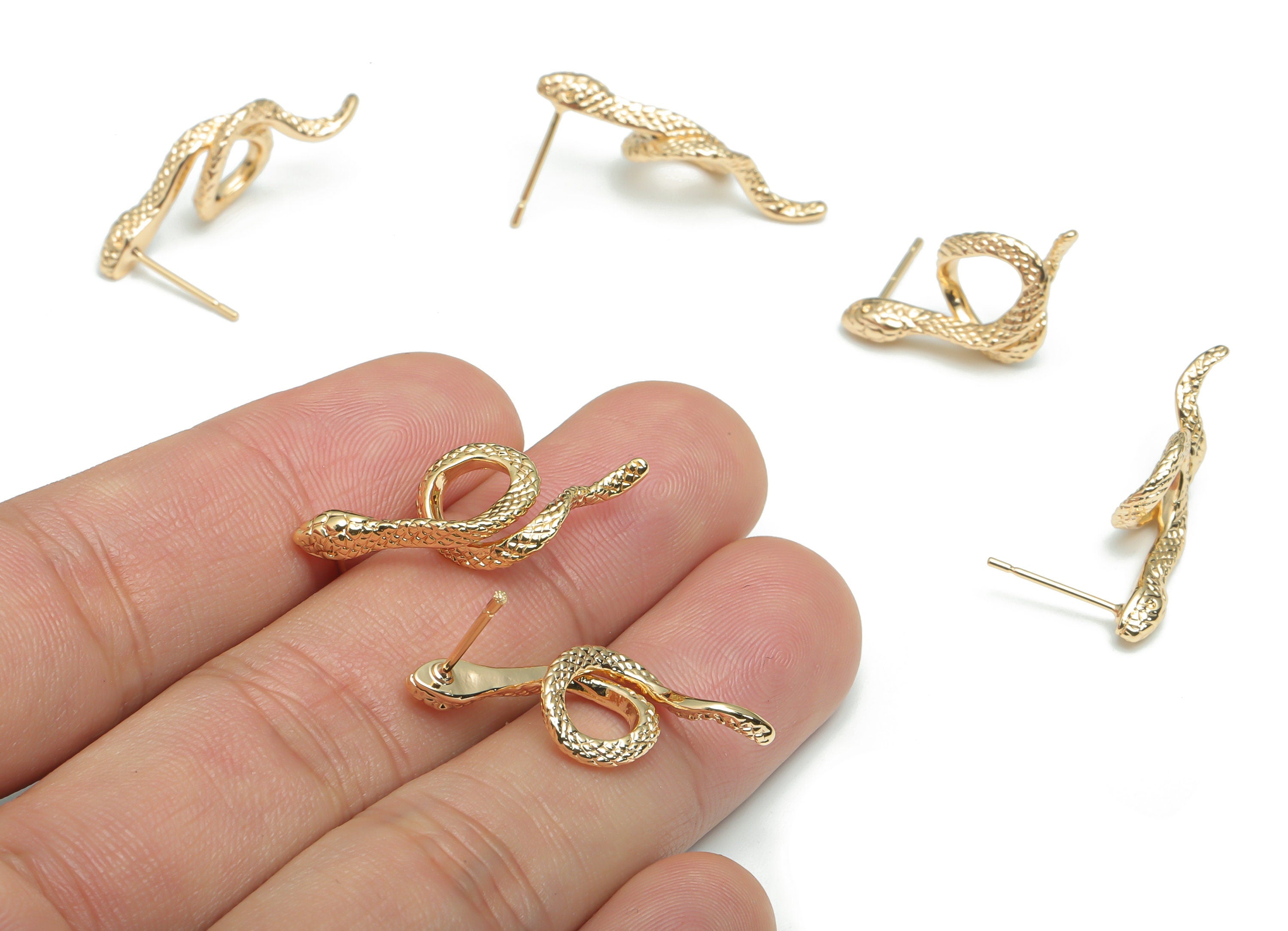 Brass Snake Earring Stud - Gold Snake Earring Post - Stainless Steel Stud - 18k Real Gold Plated Brass - 26.77x11.84x3.29mm - RGP4306 - DOMEDBAZAAR