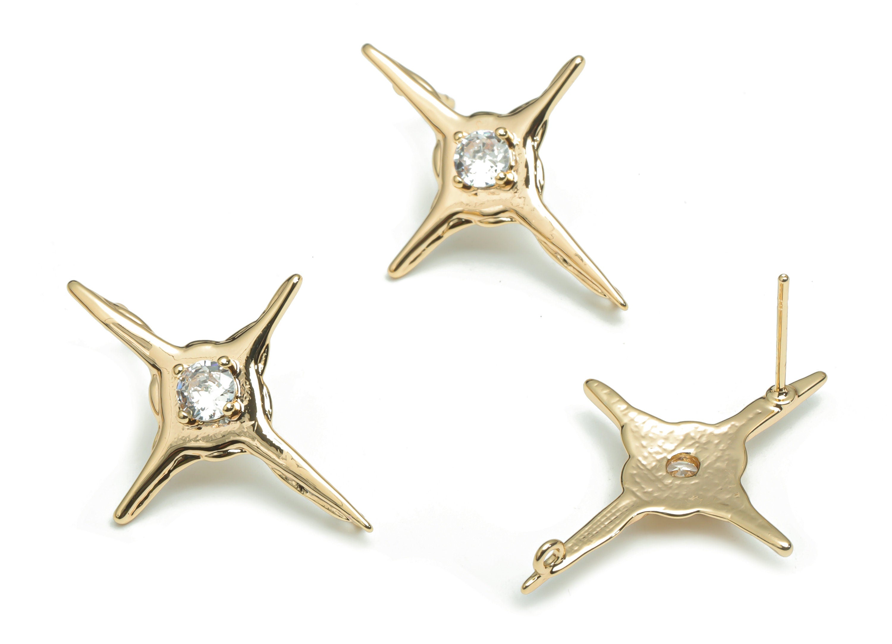 Brass Planet Earring Stud With Zircon - Gold Star Earring Post - Stainless Steel Stud - 18K Gold Plated Brass - 30.85x22.61x3.57mm - RGP4308 - DOMEDBAZAAR