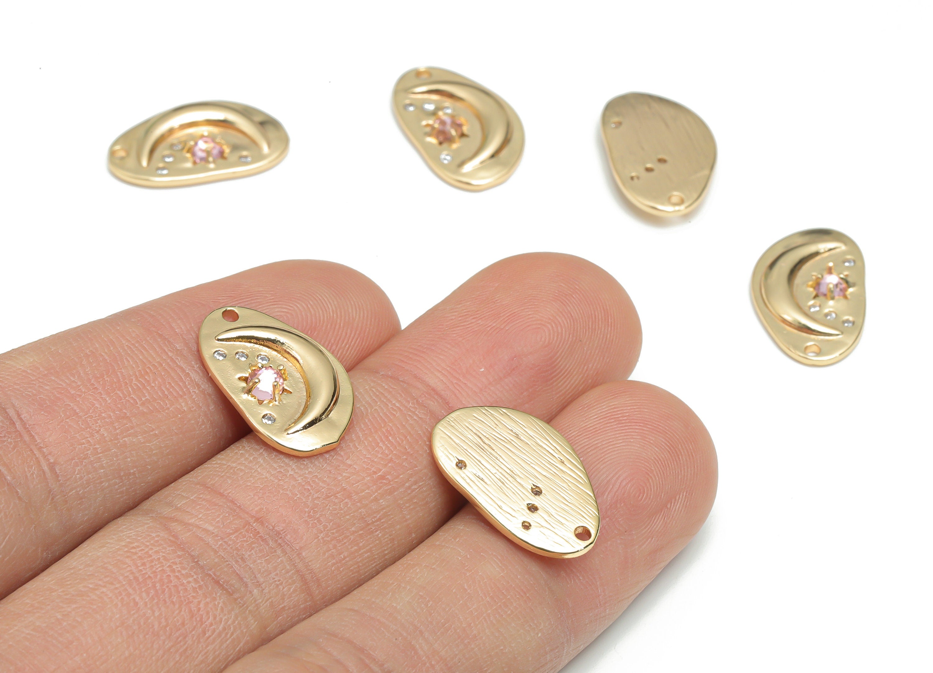 Brass Texture Irregular Crescent Charms With Zircons - Gold Moon Star Planet Pendant - 18K Real Gold Plated Brass - 18.09x11x2.9mm - RGP4345 - DOMEDBAZAAR