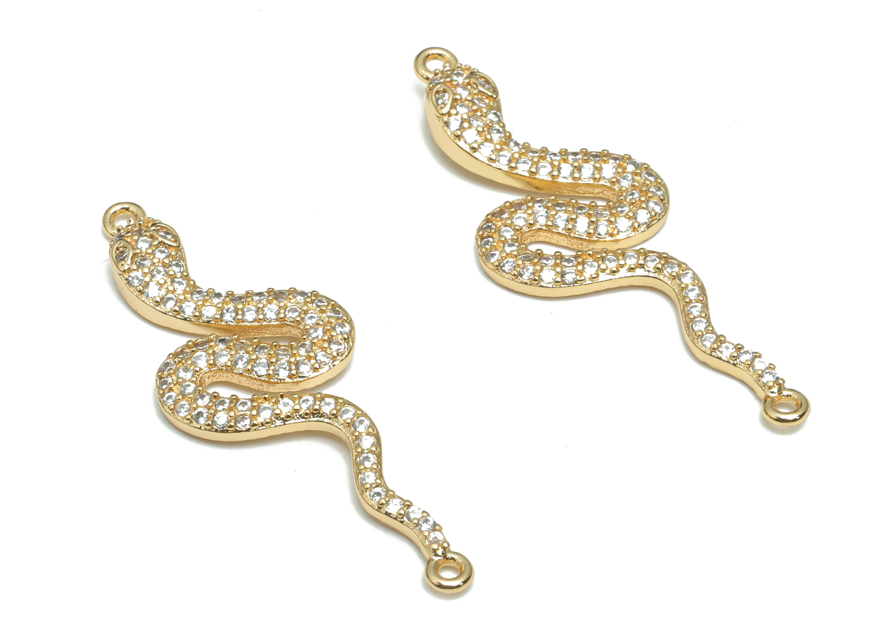 Brass Snake Earring Connectors With Zircons - Gold Snake Charms and Pendant - 18K Real Gold Plated Brass - 38.22x13.51x3.15mm - RGP4310 - DOMEDBAZAAR