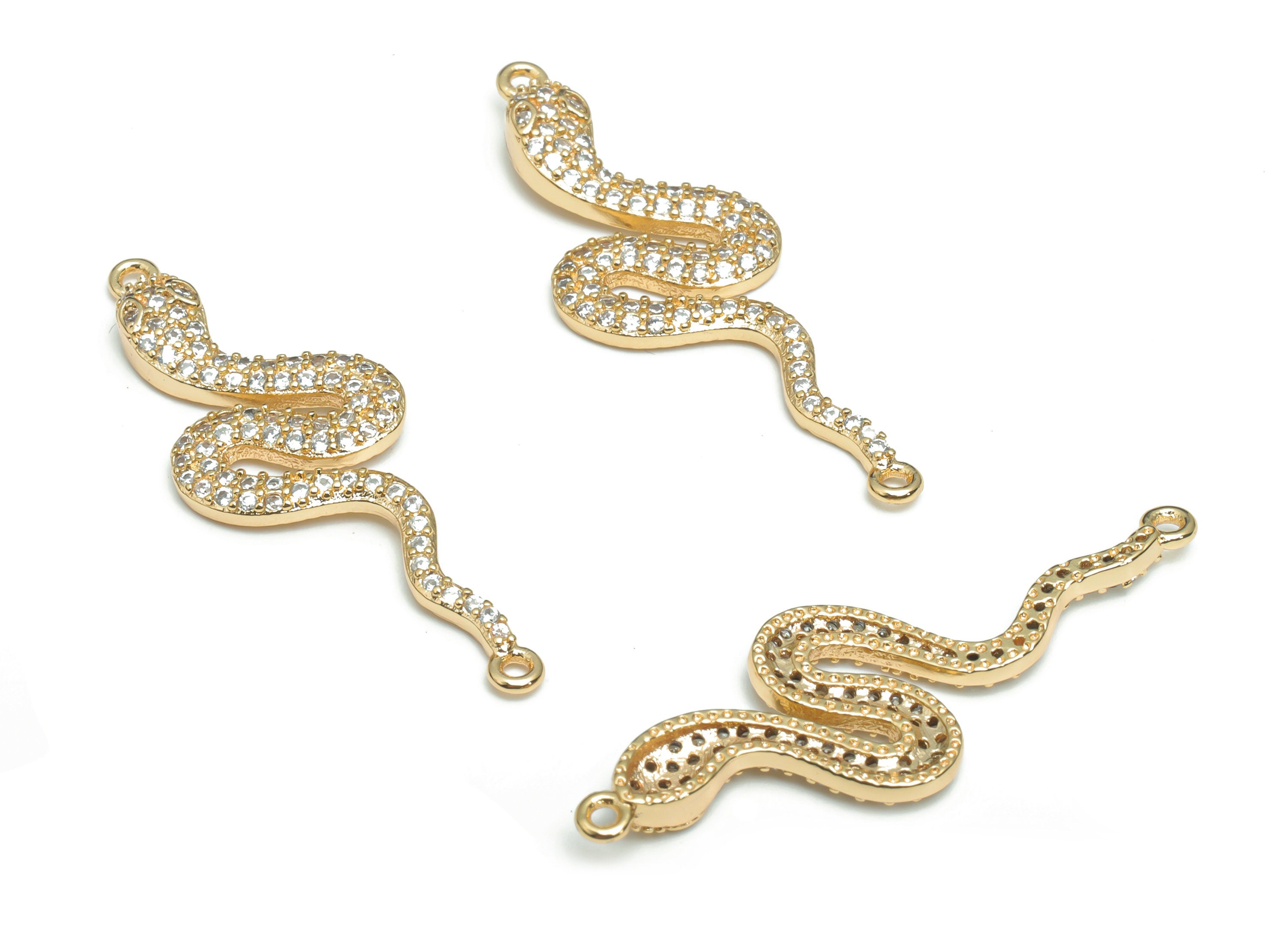Brass Snake Earring Connectors With Zircons - Gold Snake Charms and Pendant - 18K Real Gold Plated Brass - 38.22x13.51x3.15mm - RGP4310 - DOMEDBAZAAR
