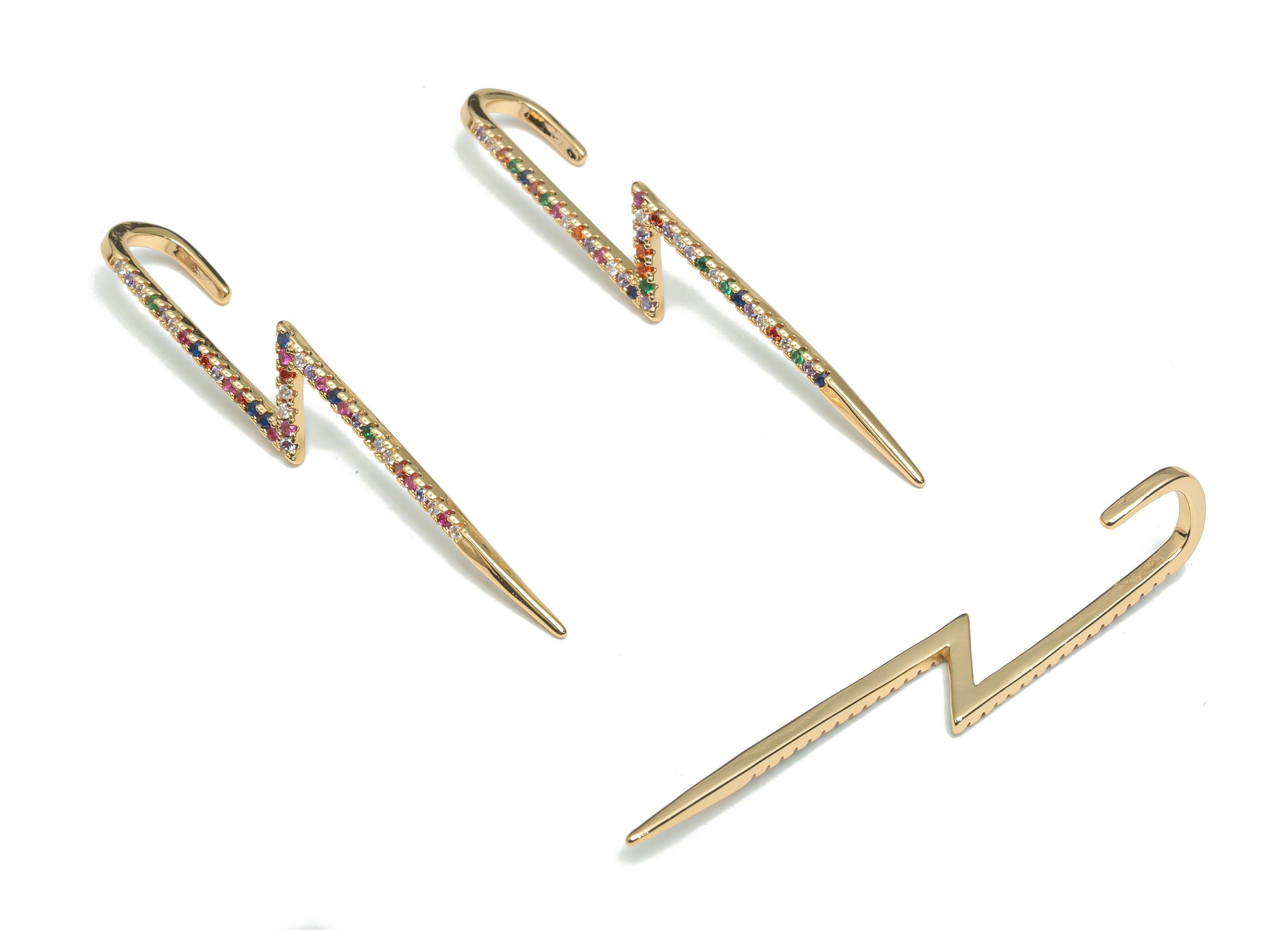 Brass Lightning Earring Earcuff With Zircons - Gold Thunderbolt Lightning Earcuff - 18K Real Gold Plated Brass - 58.66x1.89x1.93mm - RGP4326 - DOMEDBAZAAR
