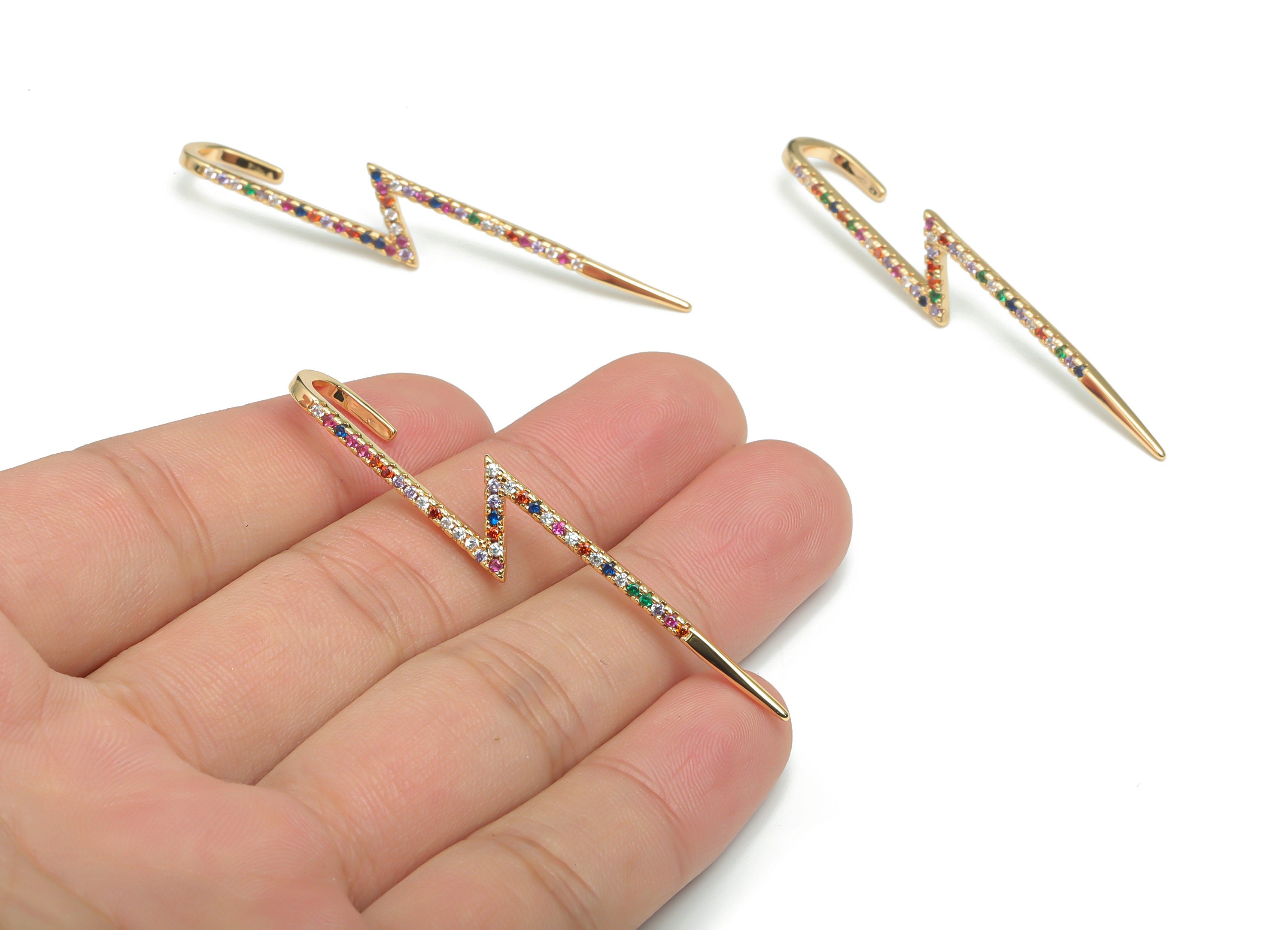 Brass Lightning Earring Earcuff With Zircons - Gold Thunderbolt Lightning Earcuff - 18K Real Gold Plated Brass - 58.66x1.89x1.93mm - RGP4326 - DOMEDBAZAAR