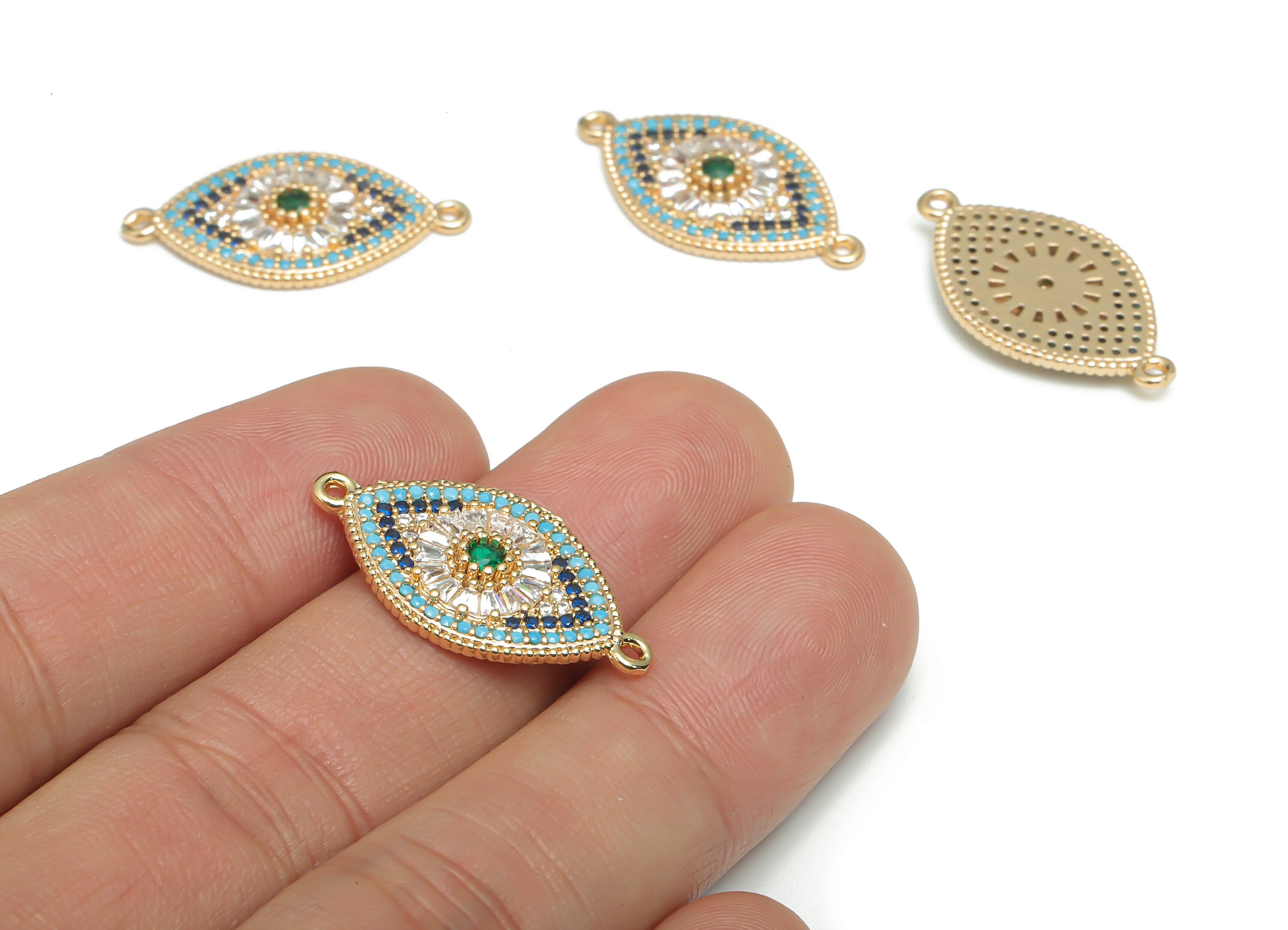 Brass Diamond Sun Eye Earring Connectors With Zircons - Gold Rhombus Sun Charms - 18K Real Gold Plated Brass - 26.75x14.7x2.79mm - RGP4315 - DOMEDBAZAAR