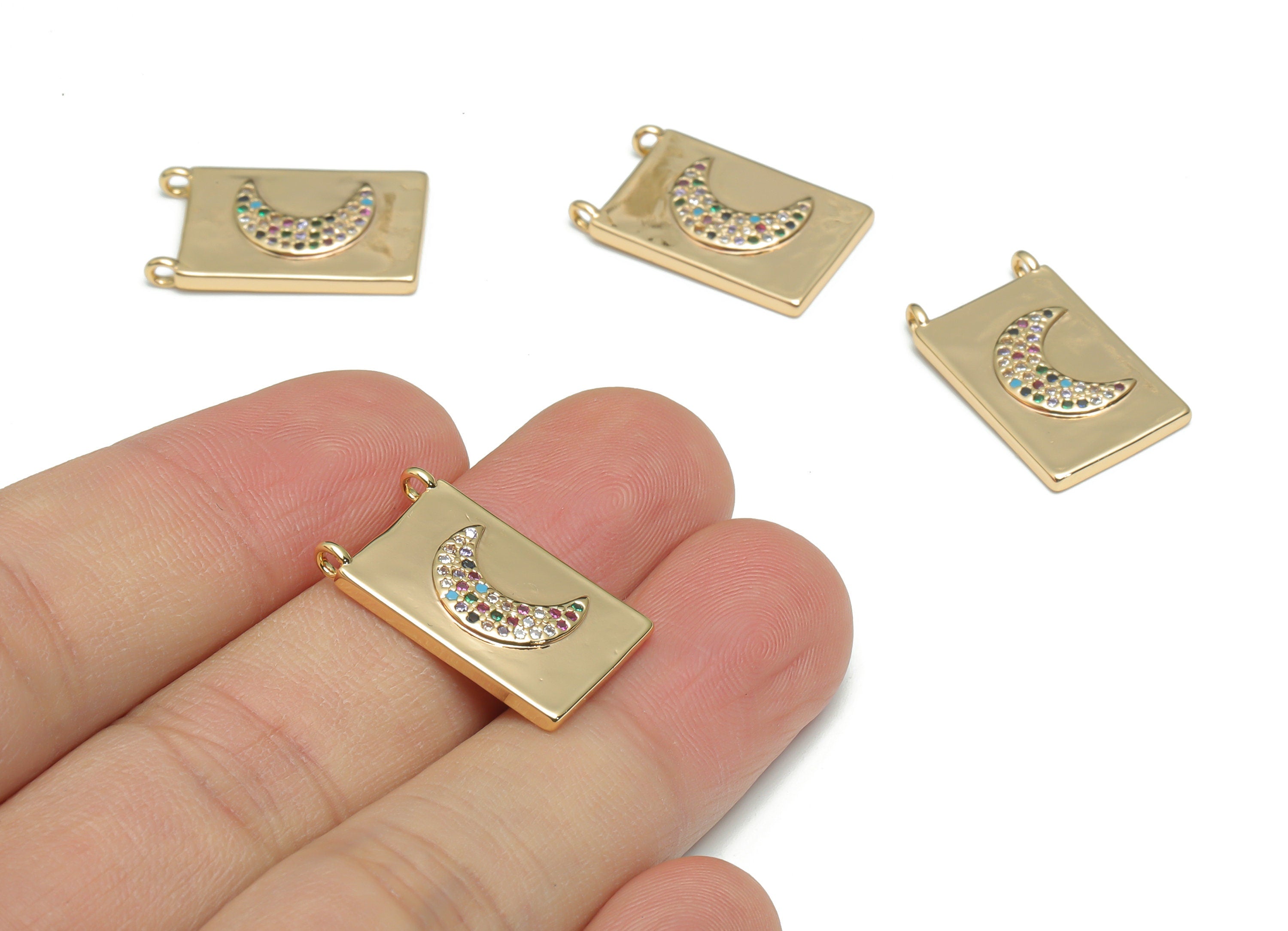 Brass Rectangle Crescent Connectors With Zircons - Gold Rectangle Moon Charms - 18K Real Gold Plated Brass - 22.25x13.2x2.56mm - RGP4322 - DOMEDBAZAAR