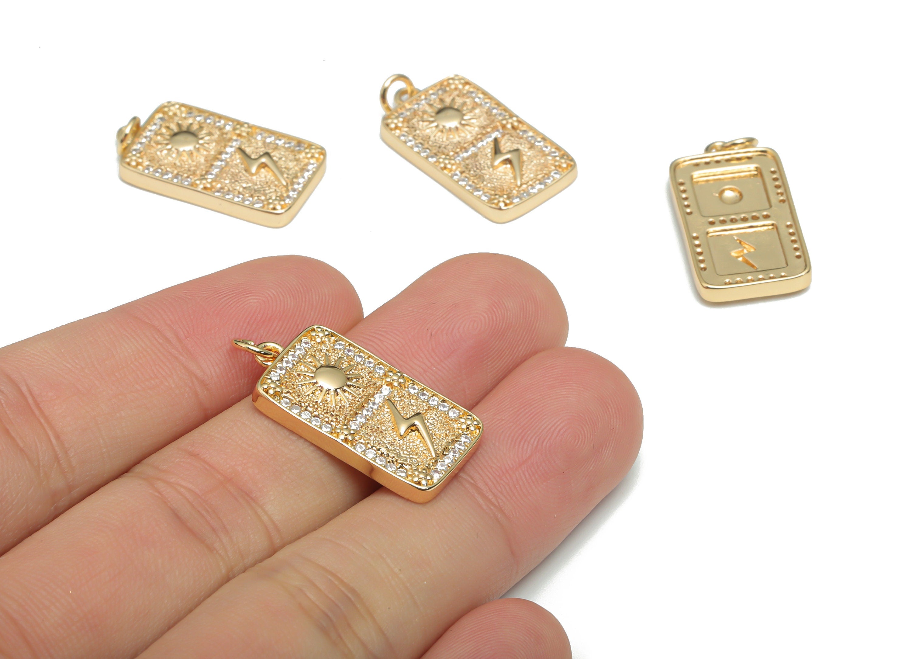 Brass Rectangle Sun Earring Charms With Zircons - Gold Rectangle Lightning Pendant - 18K Real Gold Plated Brass - 27.74x13.2x3.1mm - RGP4325 - DOMEDBAZAAR
